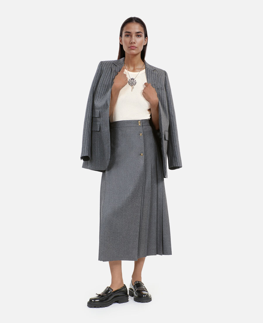 The Kooples WOMEN GREY long pleated grey wool skirt