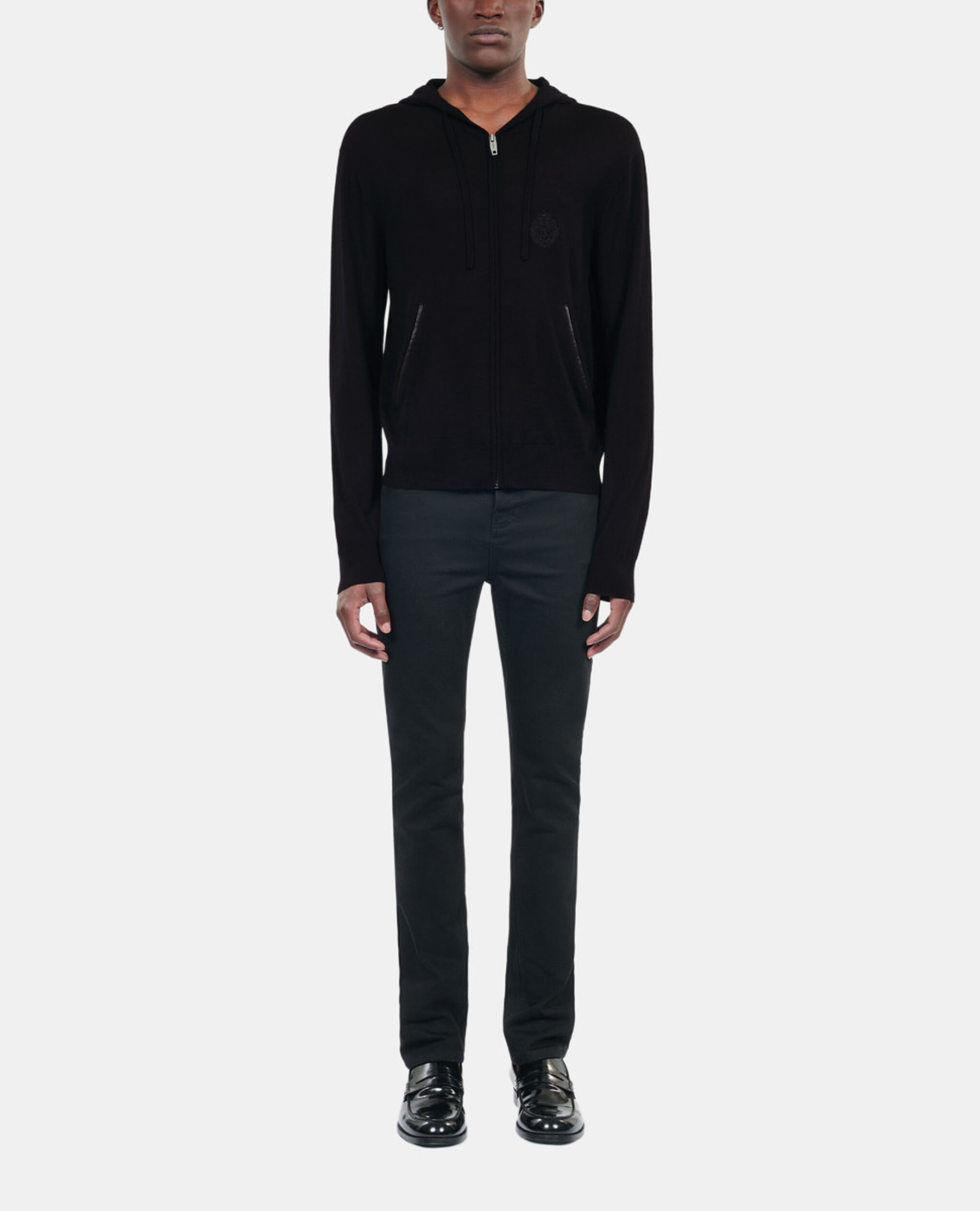 Black wool hooded cardigan, BLACK, hi-res image number null