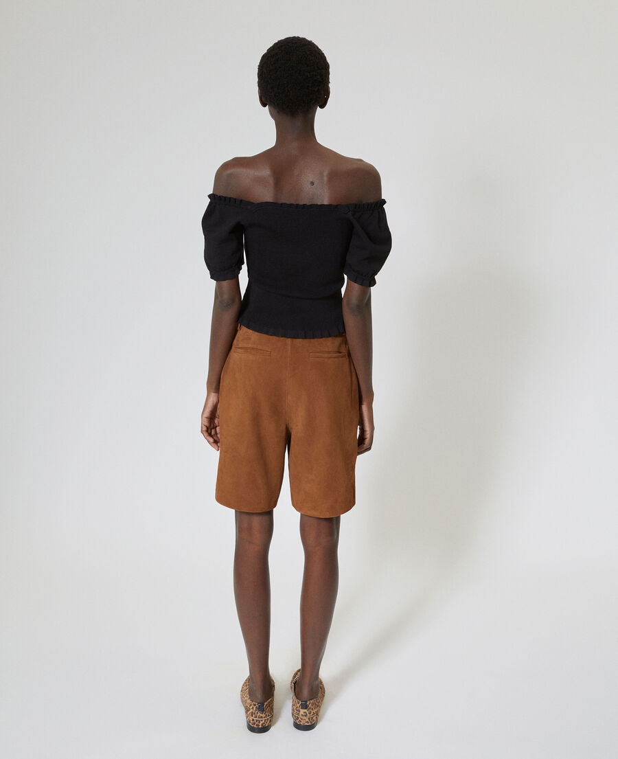 The Kooples FEMME CAMEL bermuda &agrave; pinces en cuir su&egrave;de camel