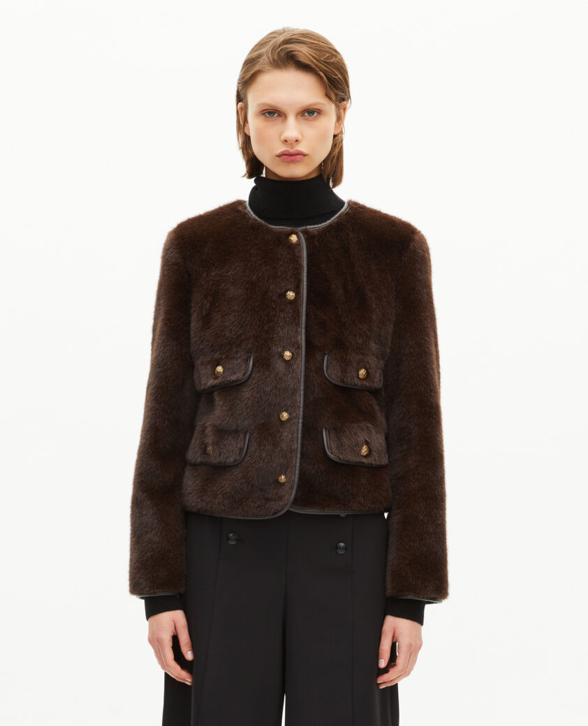 The Kooples WOMEN CHOCOLATE fur-effect jacket with brown leather details
