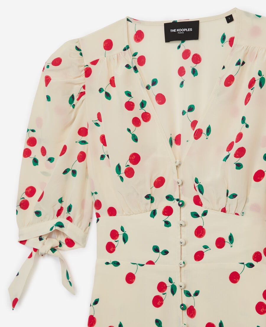 silk short printed ecru dress with cherries