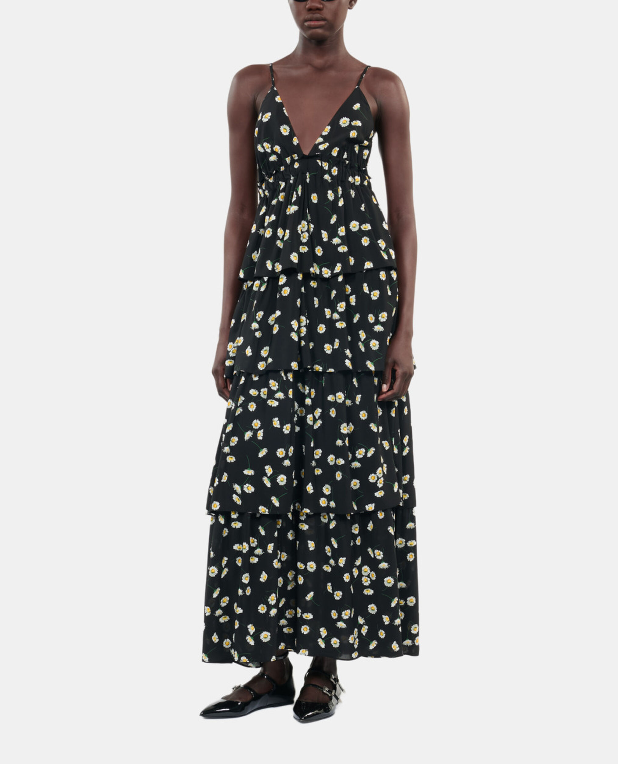 Floral printed long dress, BLACK WHITE, hi-res image number null