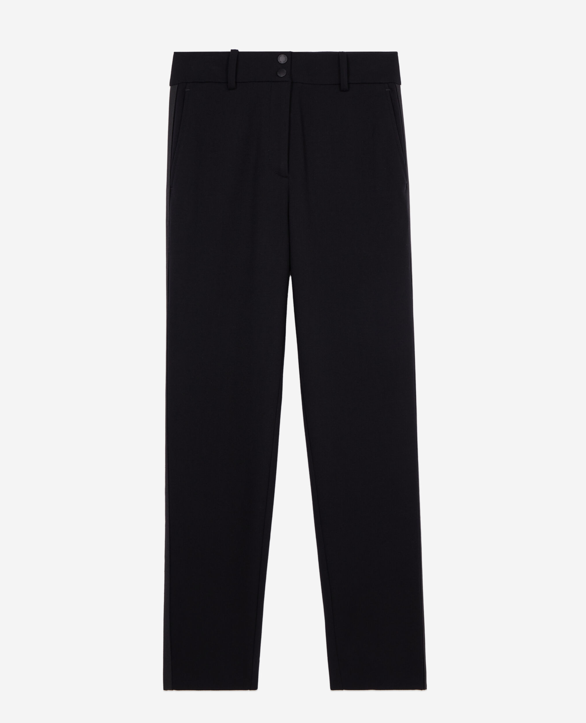 Straight black suit trousers with grosgrain, BLACK, hi-res image number null