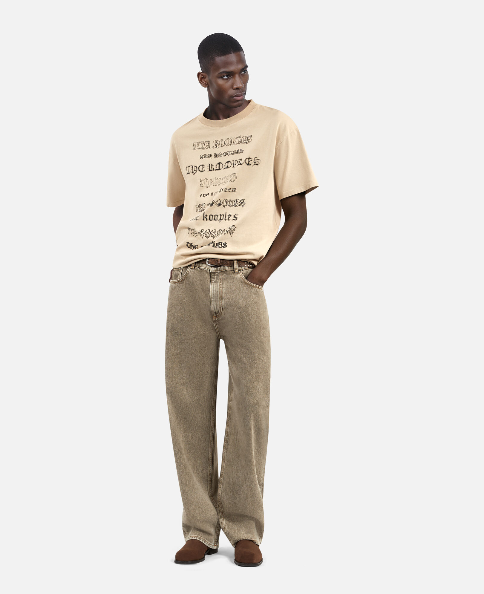 The Kooples MEN BEIGE TAUPE beige screen print t-shirt