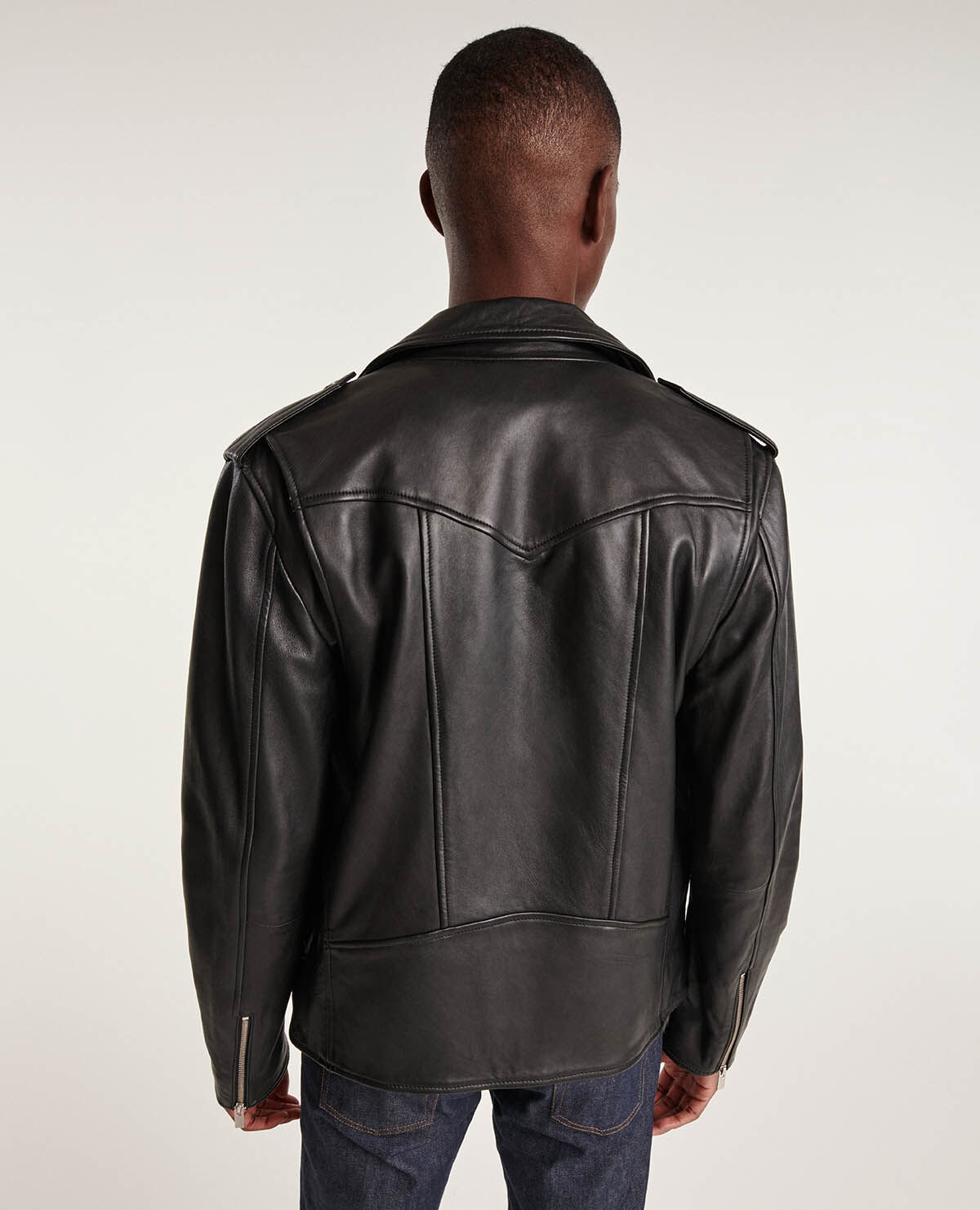 Zipped black leather biker jacket