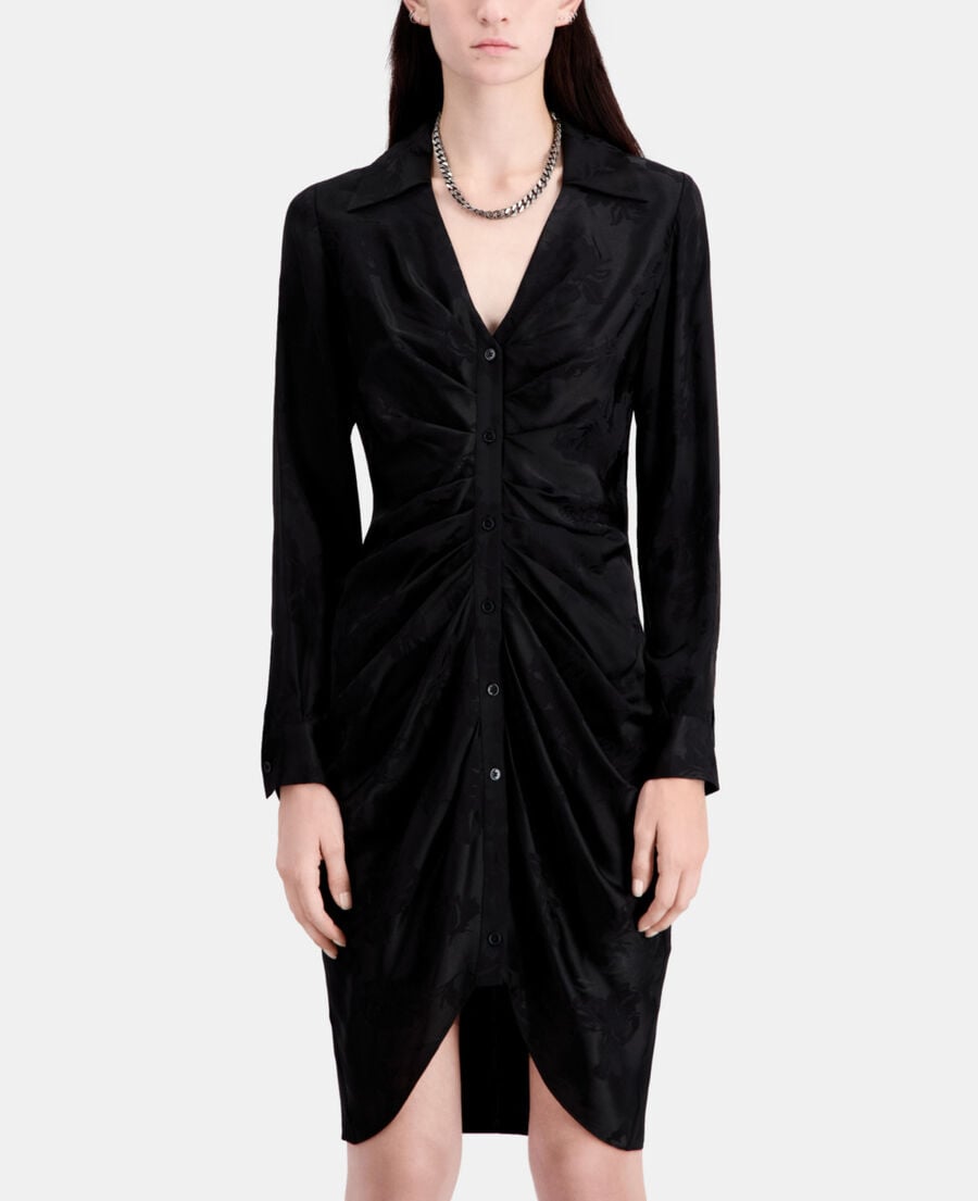 The Kooples FEMME BLACK robe noire mi-longue à fleurs avec fronces