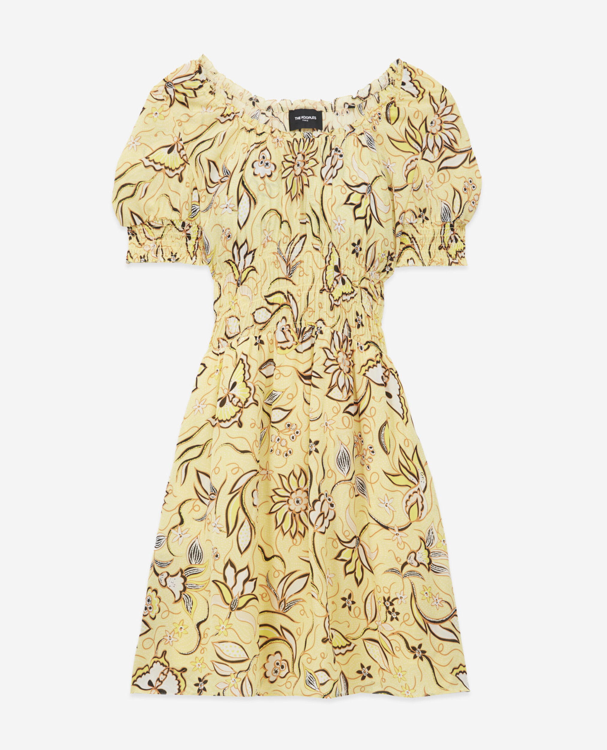 Robe jaune à fleurs courte manches bouffantes, YELLOW, hi-res image number null