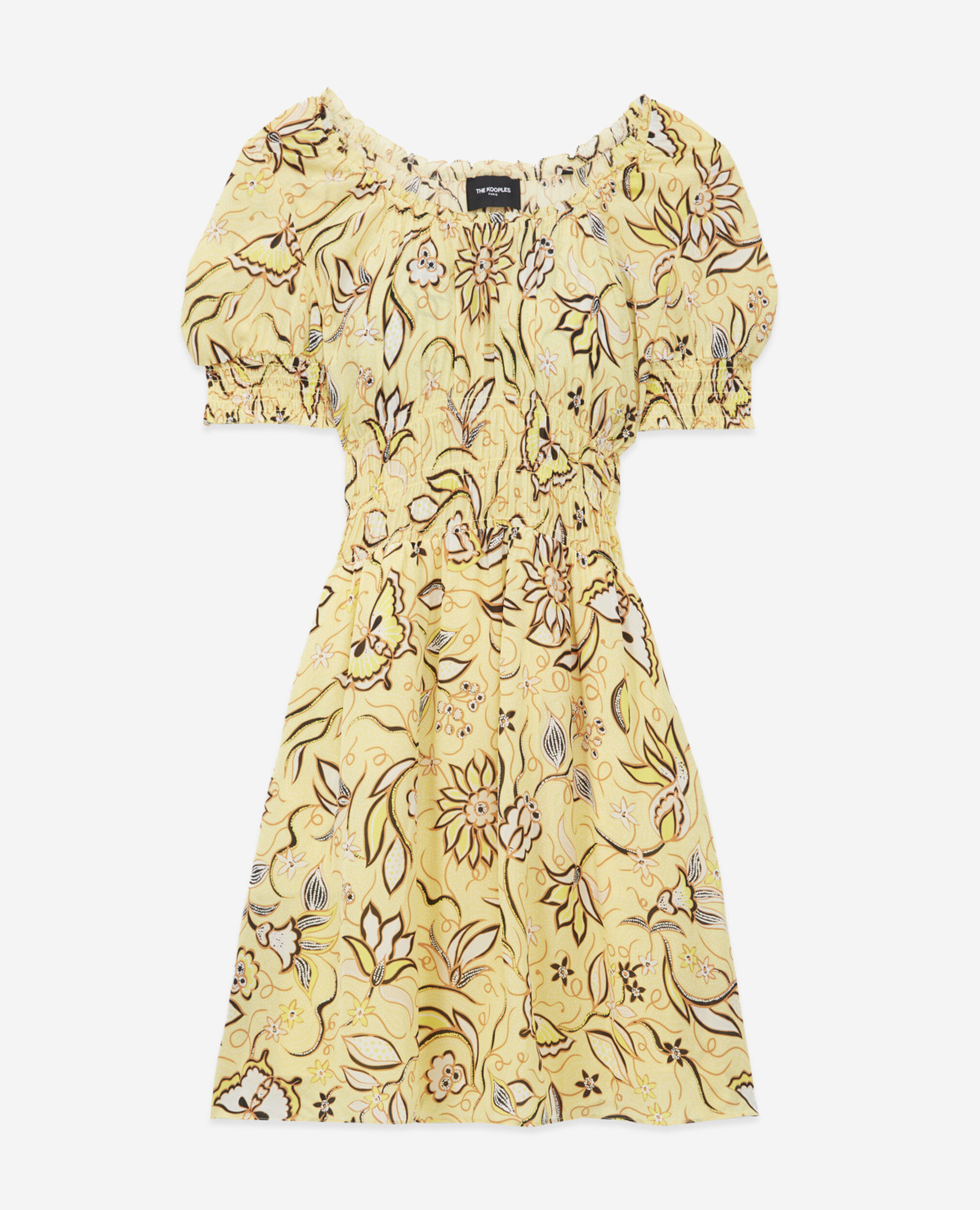Short yellow floral dress with puffed sleeves, YELLOW, hi-res image number null