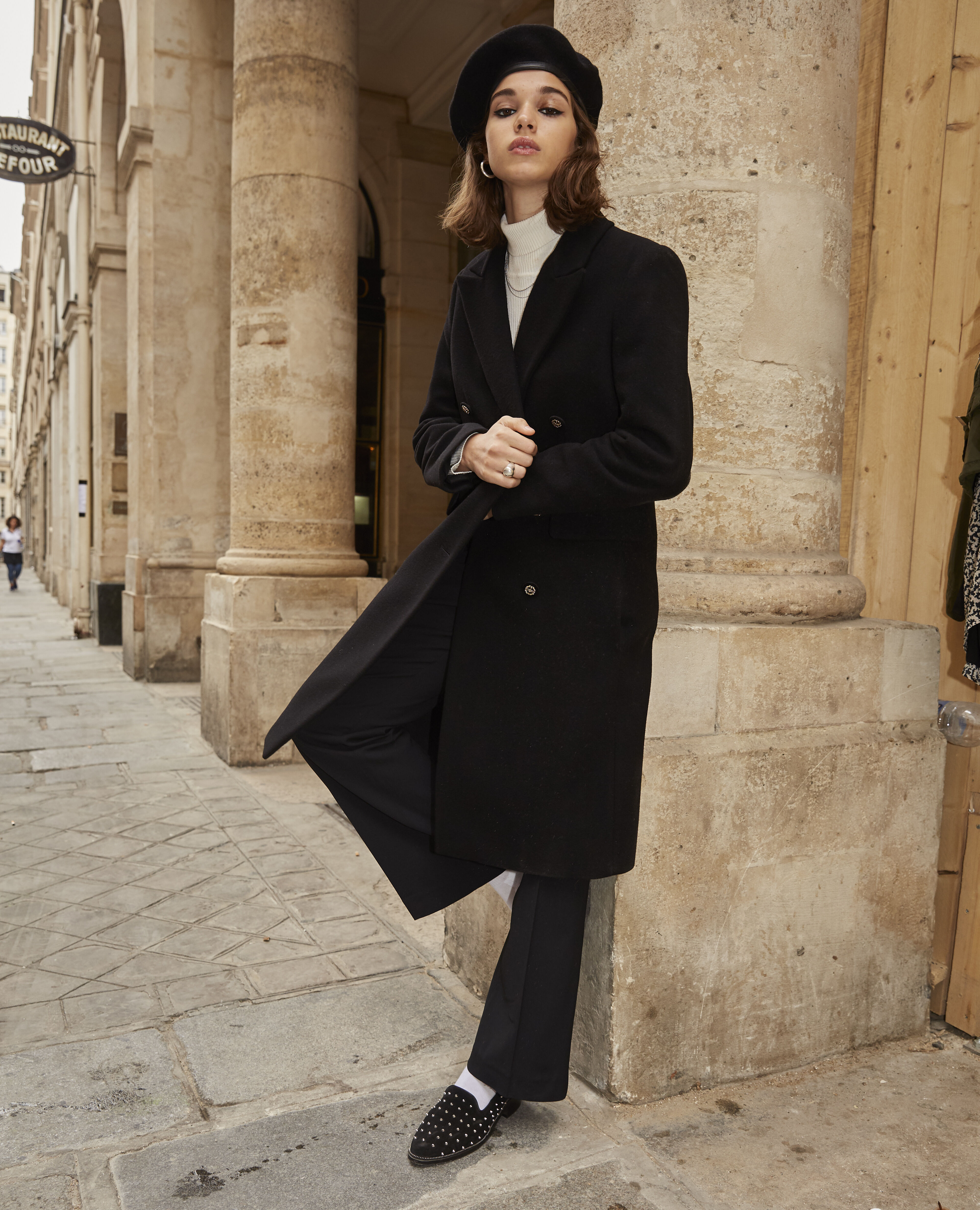 Double breasted black coat on sale