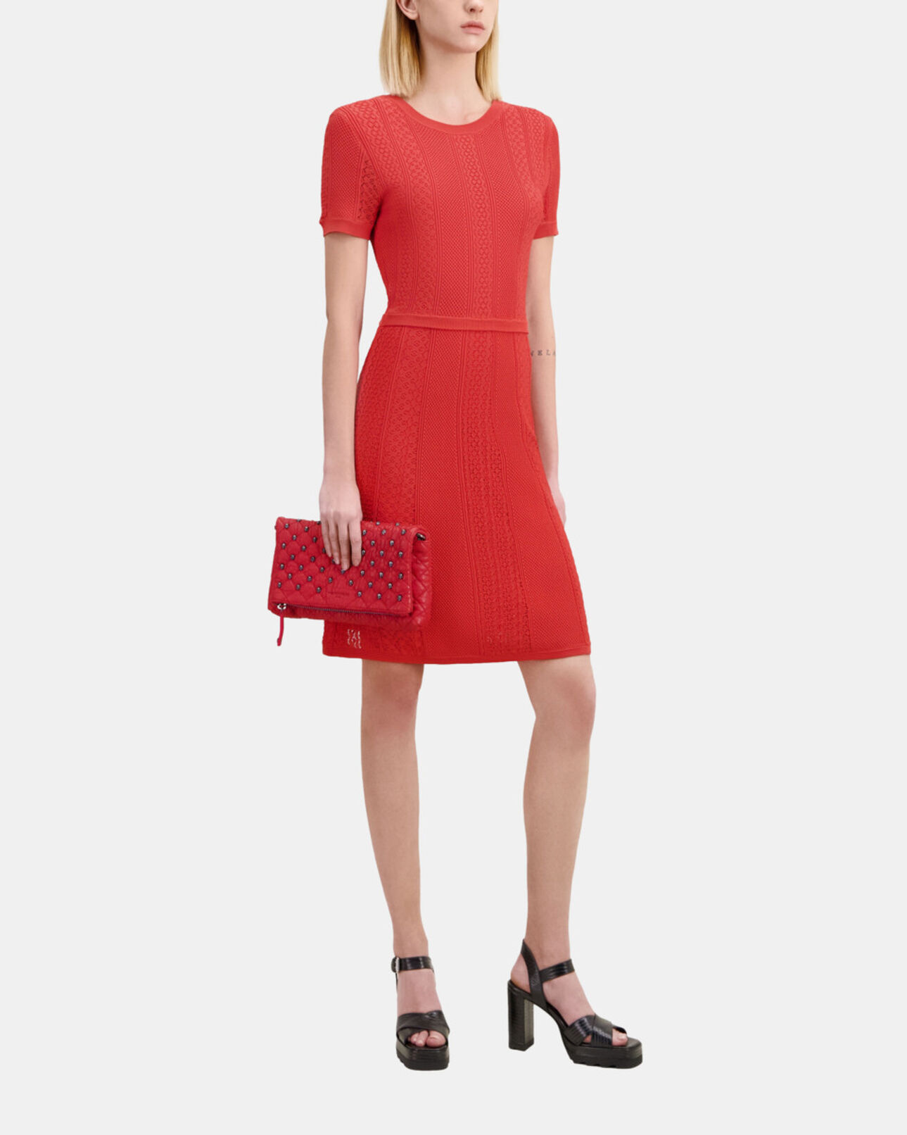 The Kooples WOMEN RED BRIQUE short red openwork knit dress