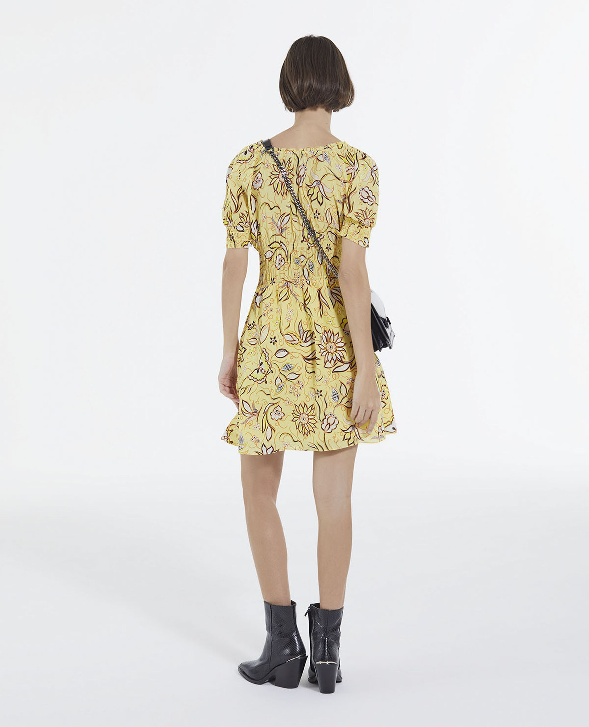 Short yellow floral dress with puffed sleeves, YELLOW, hi-res image number null