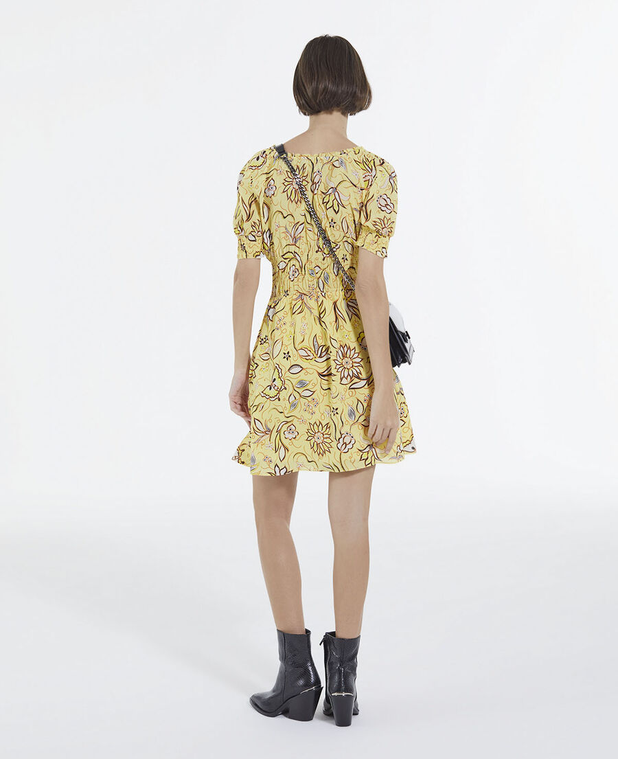 short yellow floral dress with puffed sleeves