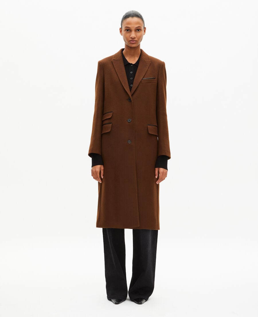 The Kooples WOMEN CHOCOLATE long wool coat with brown leather details