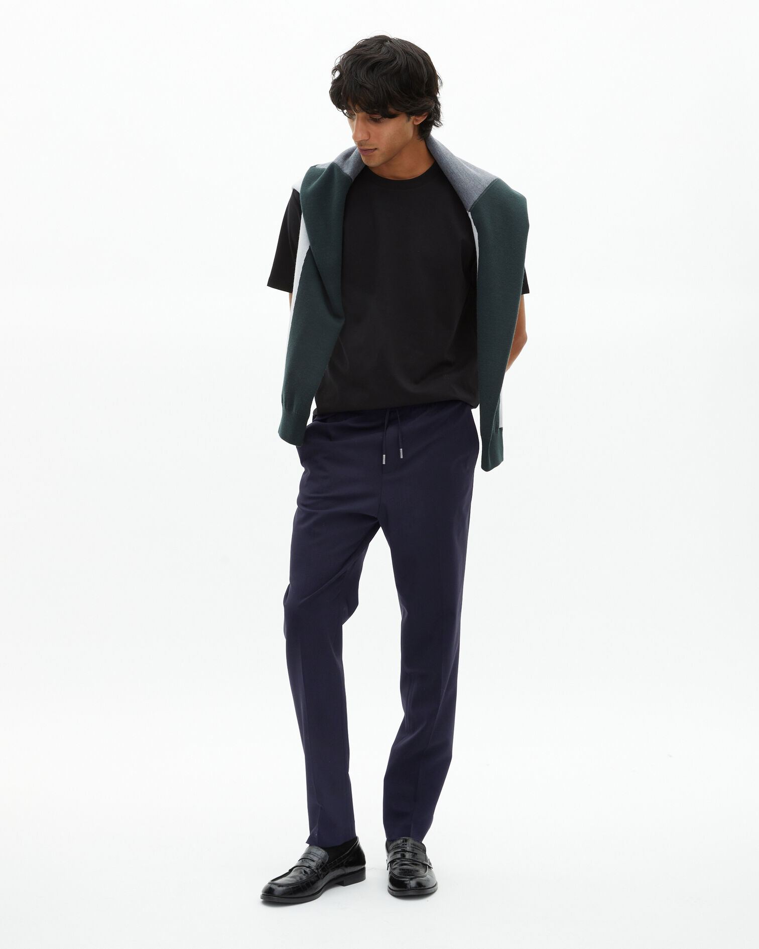 Straight elasticated pants in navy wool, NAVY, hi-res image number null
