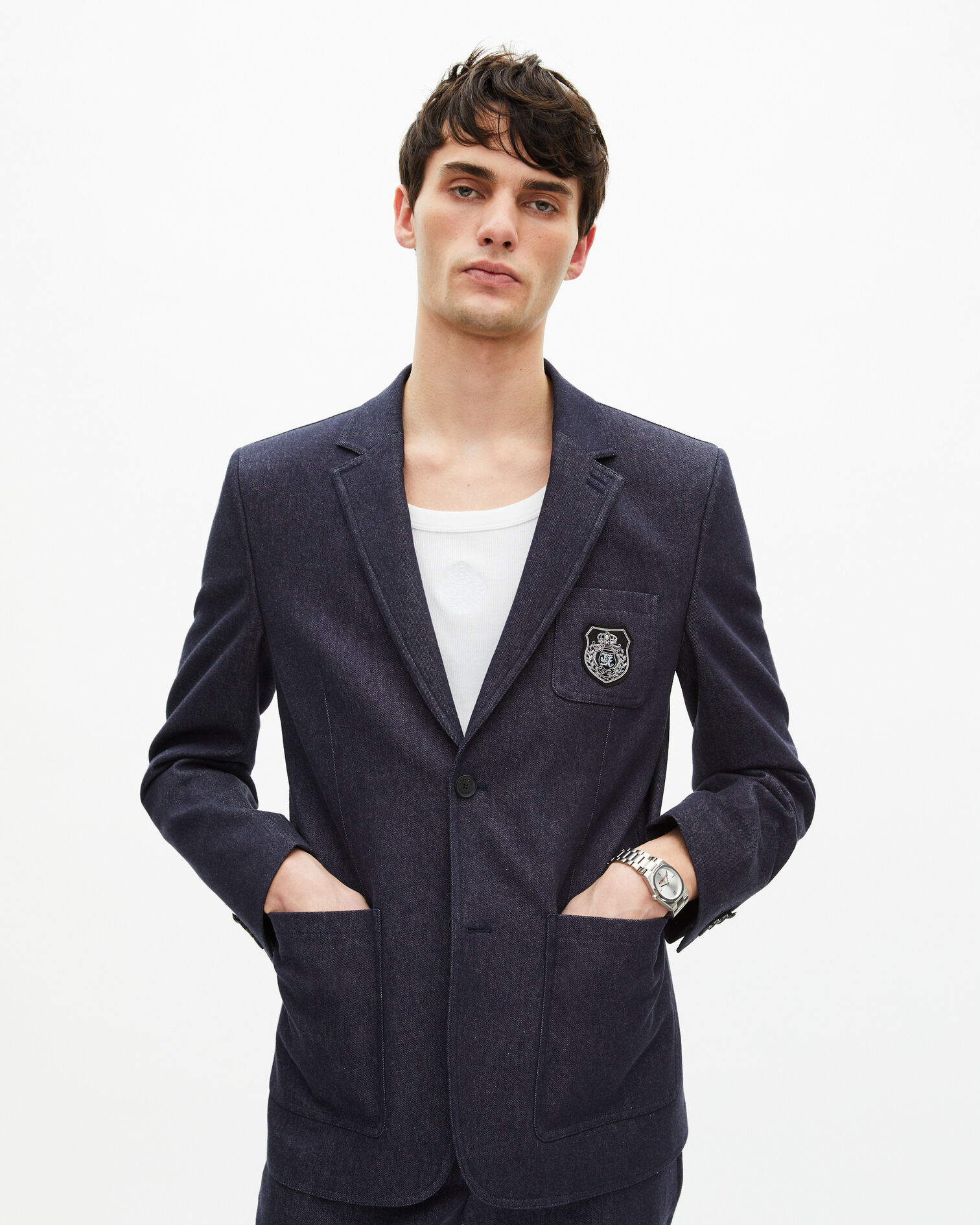 Chaqueta de traje azul efecto vaquero, NAVY, hi-res image number null