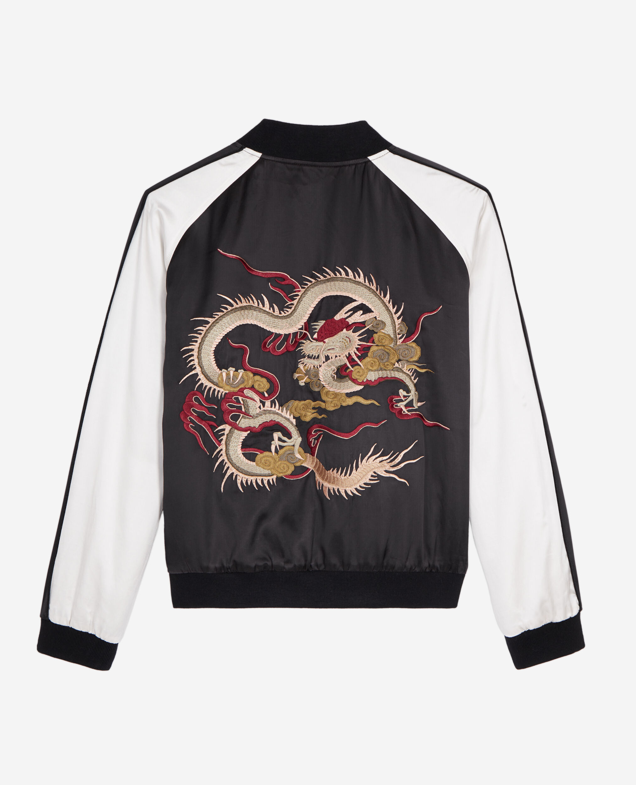 Black and white satin jacket with Dragon embroidery, BLACK, hi-res image number null