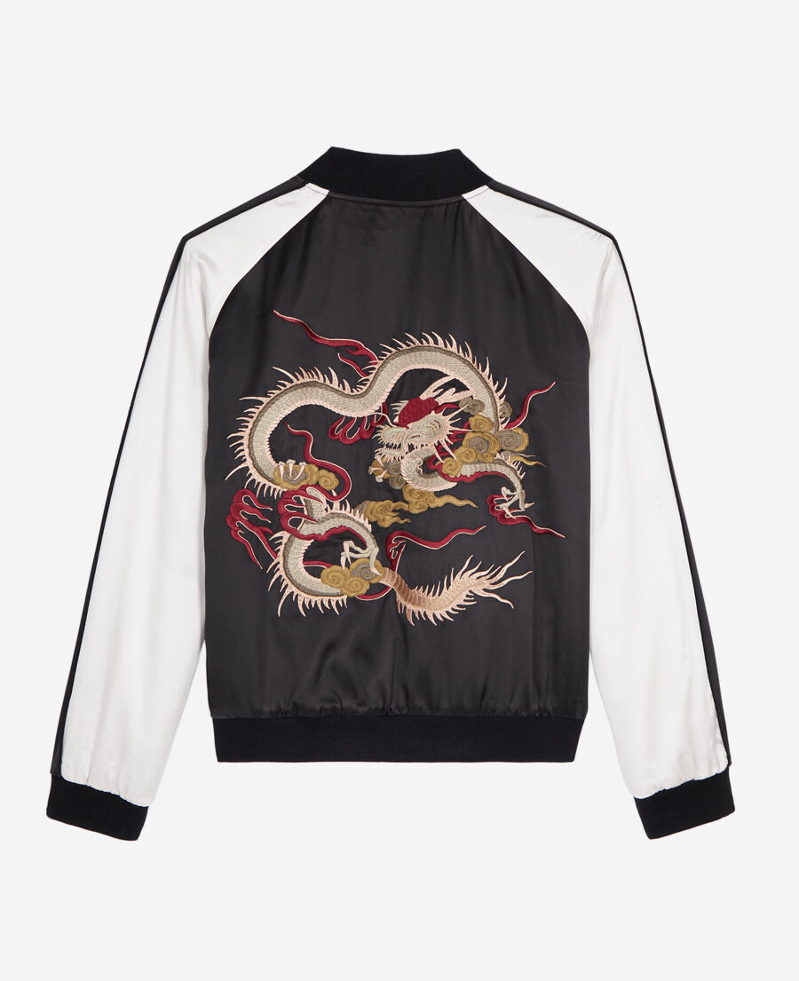 chaqueta satinada negra blanca bordado dragon
