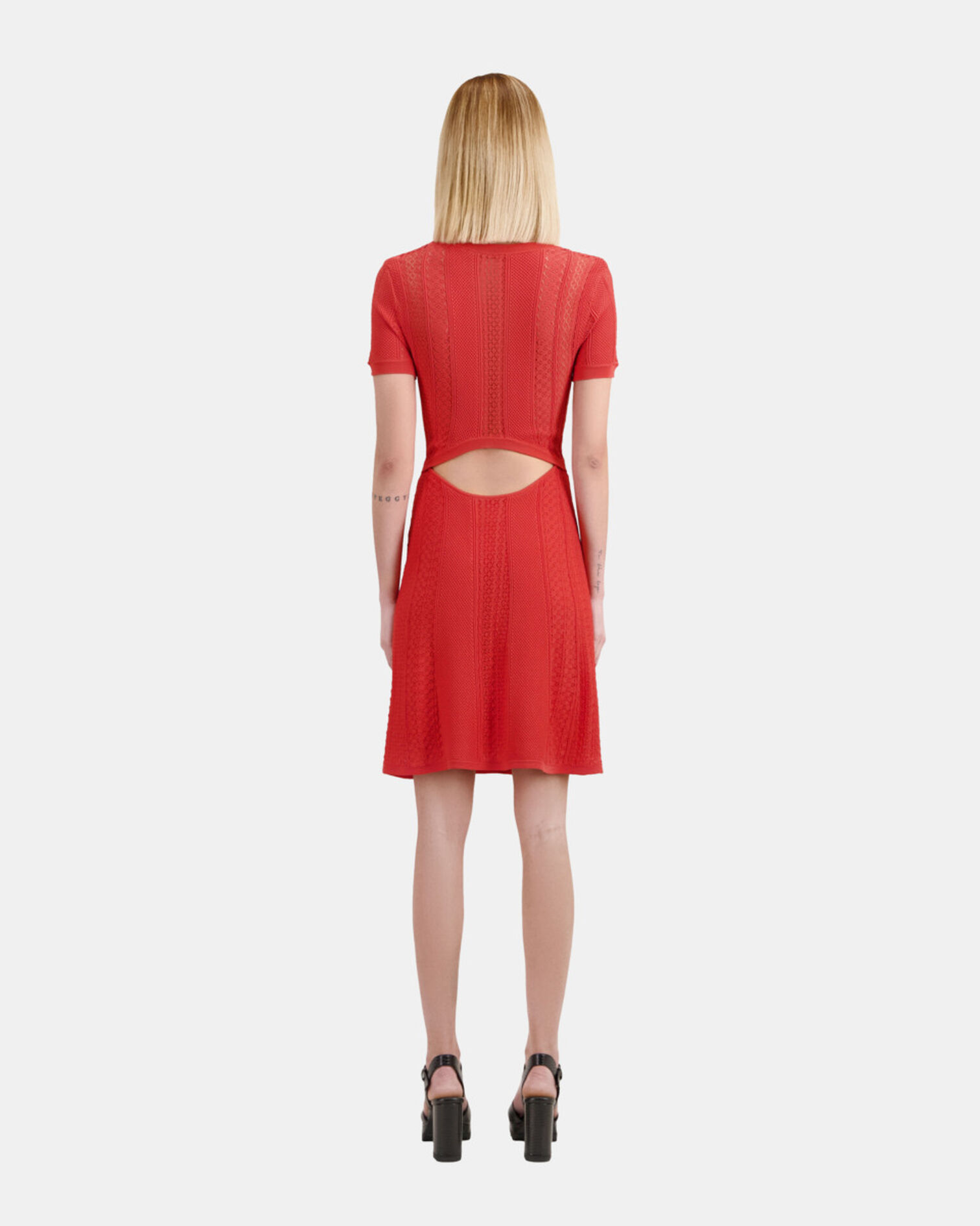 Short red openwork knit dress, RED BRIQUE, hi-res image number null
