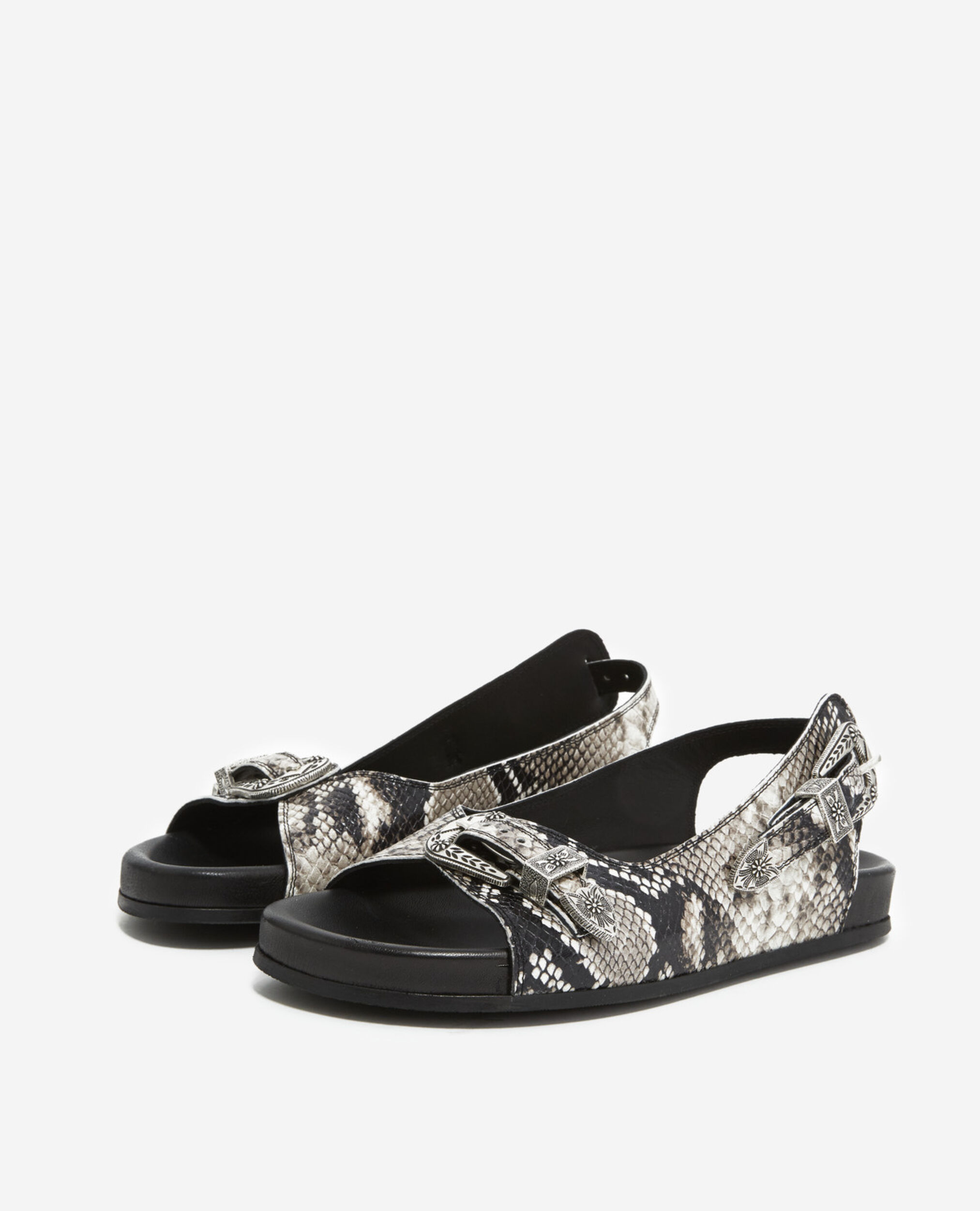 Flat gray - black leather sandals with motif, BLACK GREY, hi-res image number null
