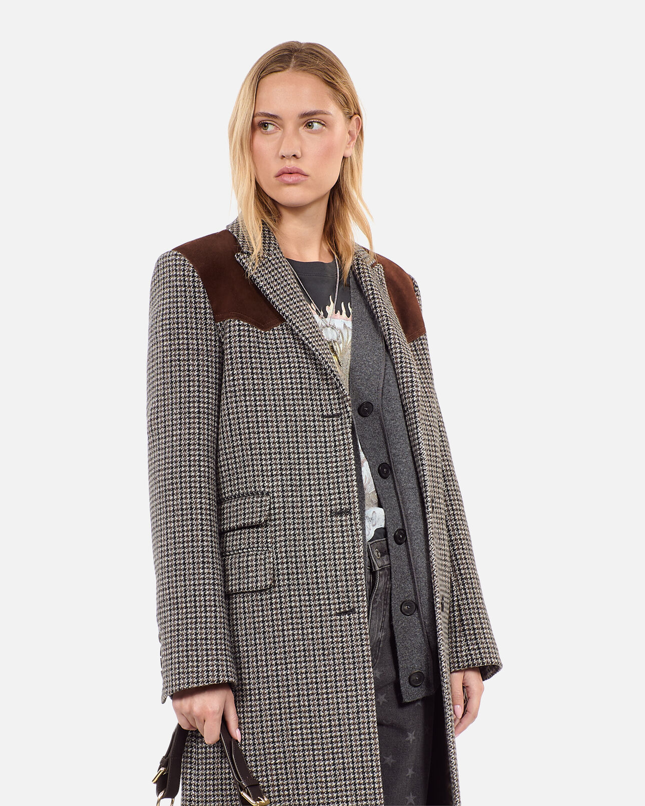 The Kooples WOMEN BLACK WHITE long black and white houndstooth coat