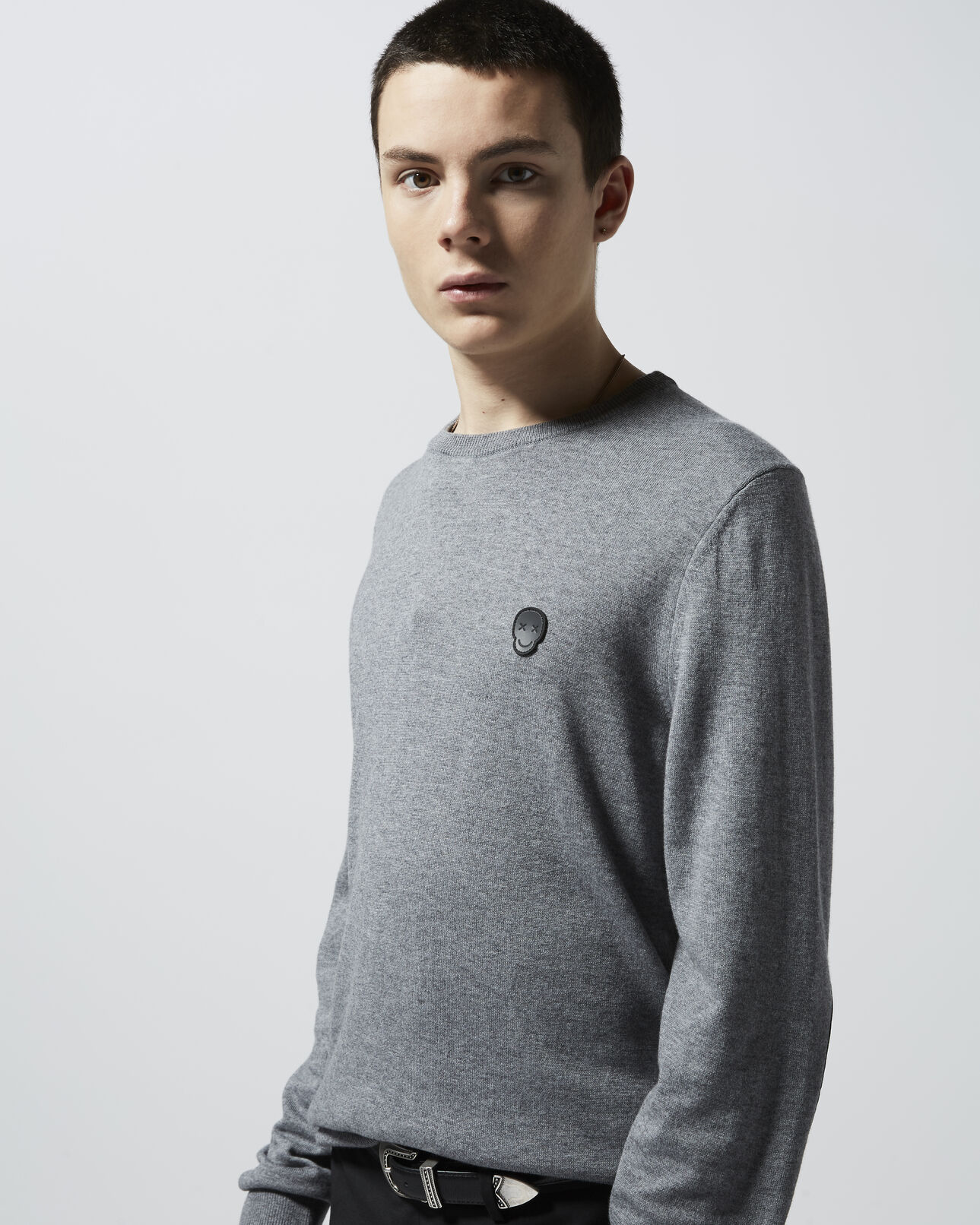 The Kooples HOMME LIGHT GREY CHINE pull gris clair laine mélangée brodé