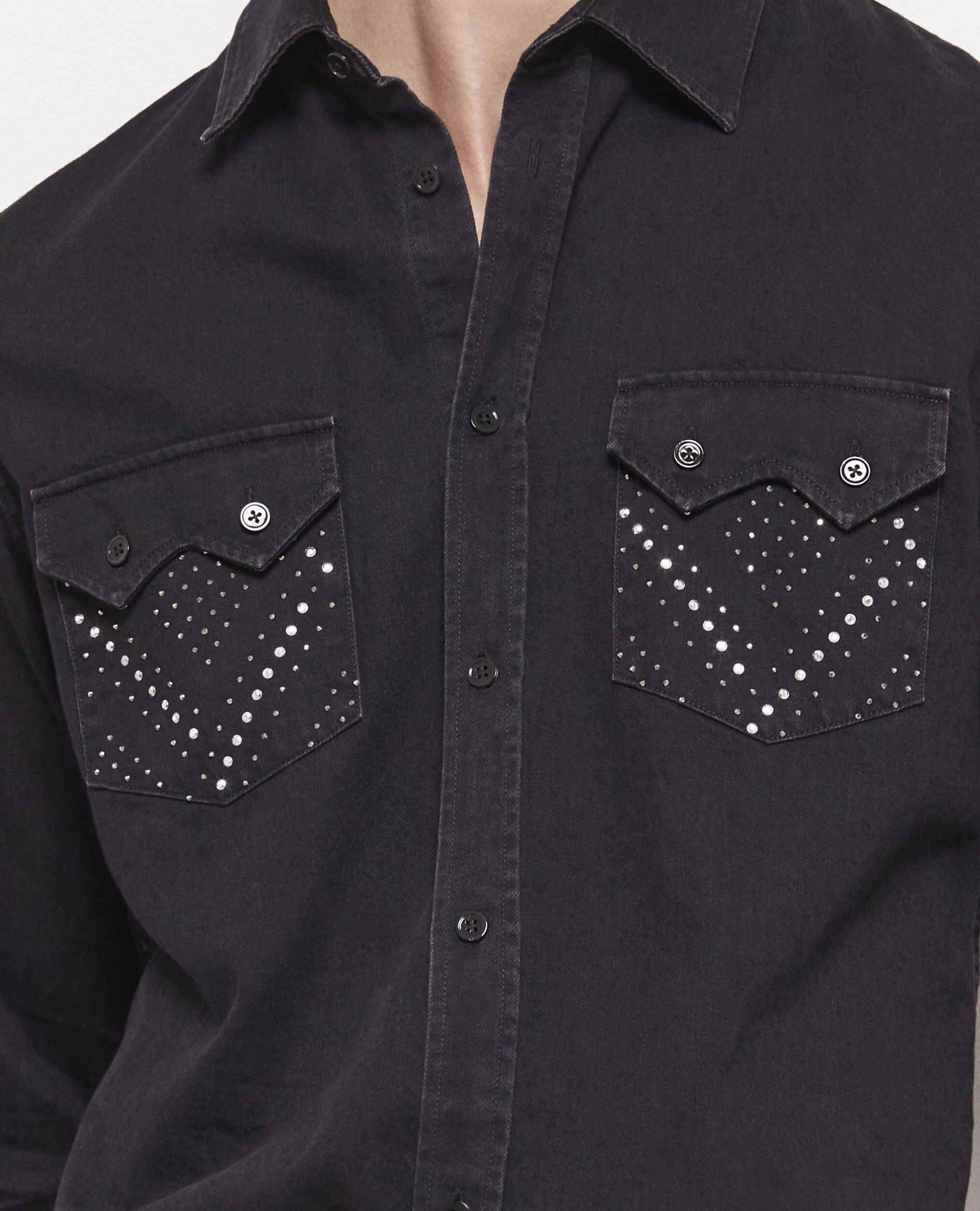 Black studded shirt with classic collar, BLACK WASHED, hi-res image number null