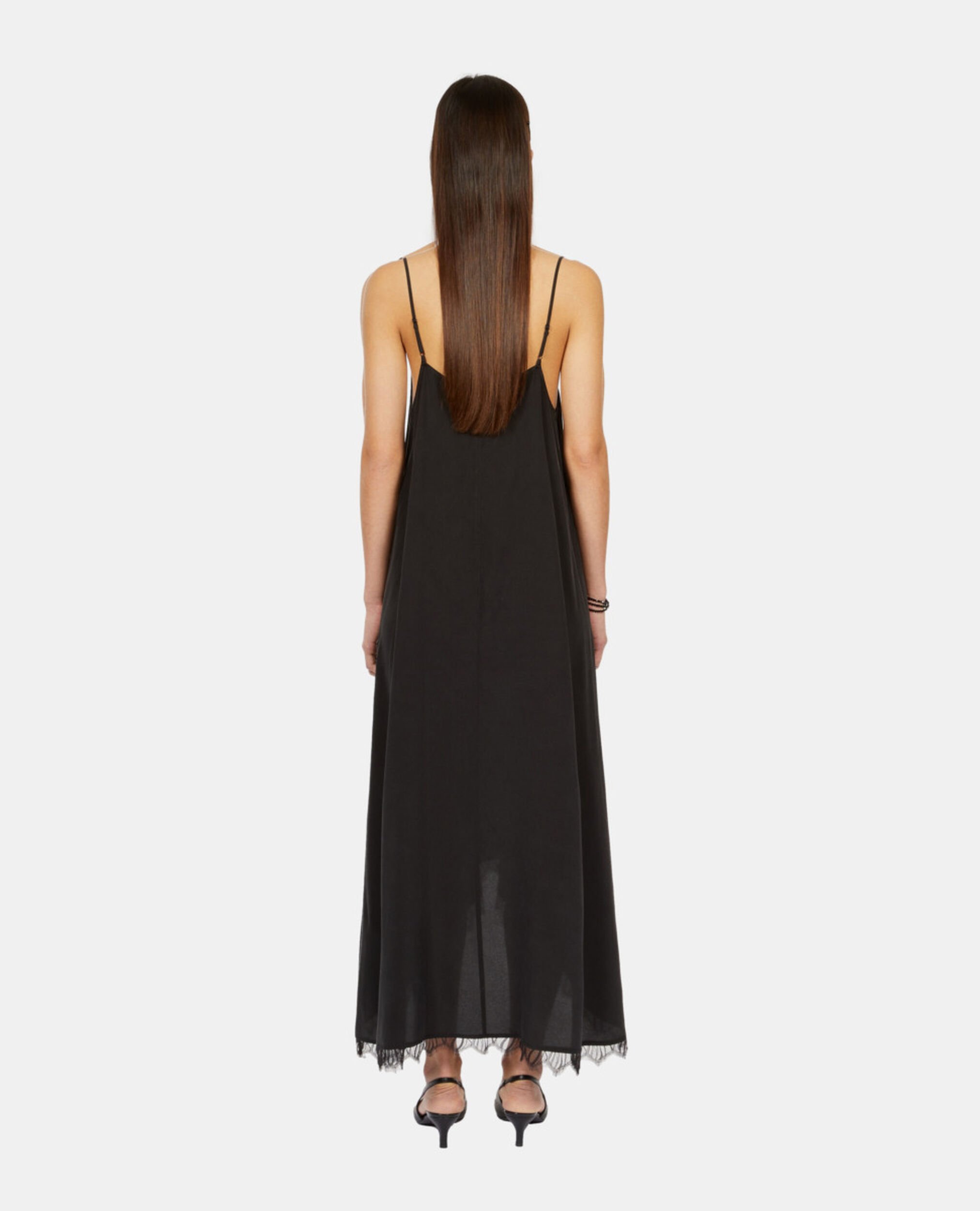 Long black slip dress in washed silk, BLACK, hi-res image number null