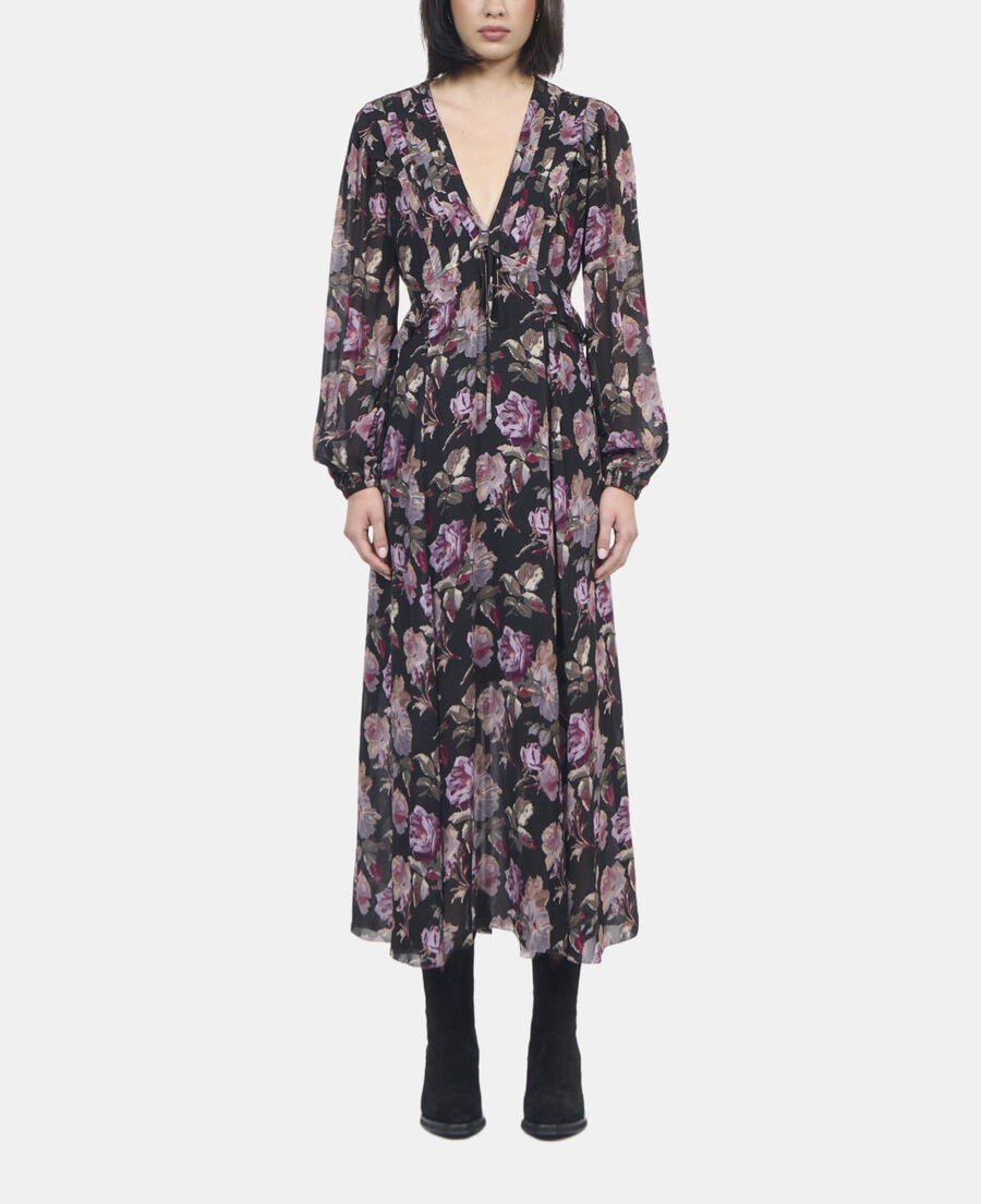 The Kooples FEMME BLACK / PURPLE robe longue imprim&eacute; fleuri