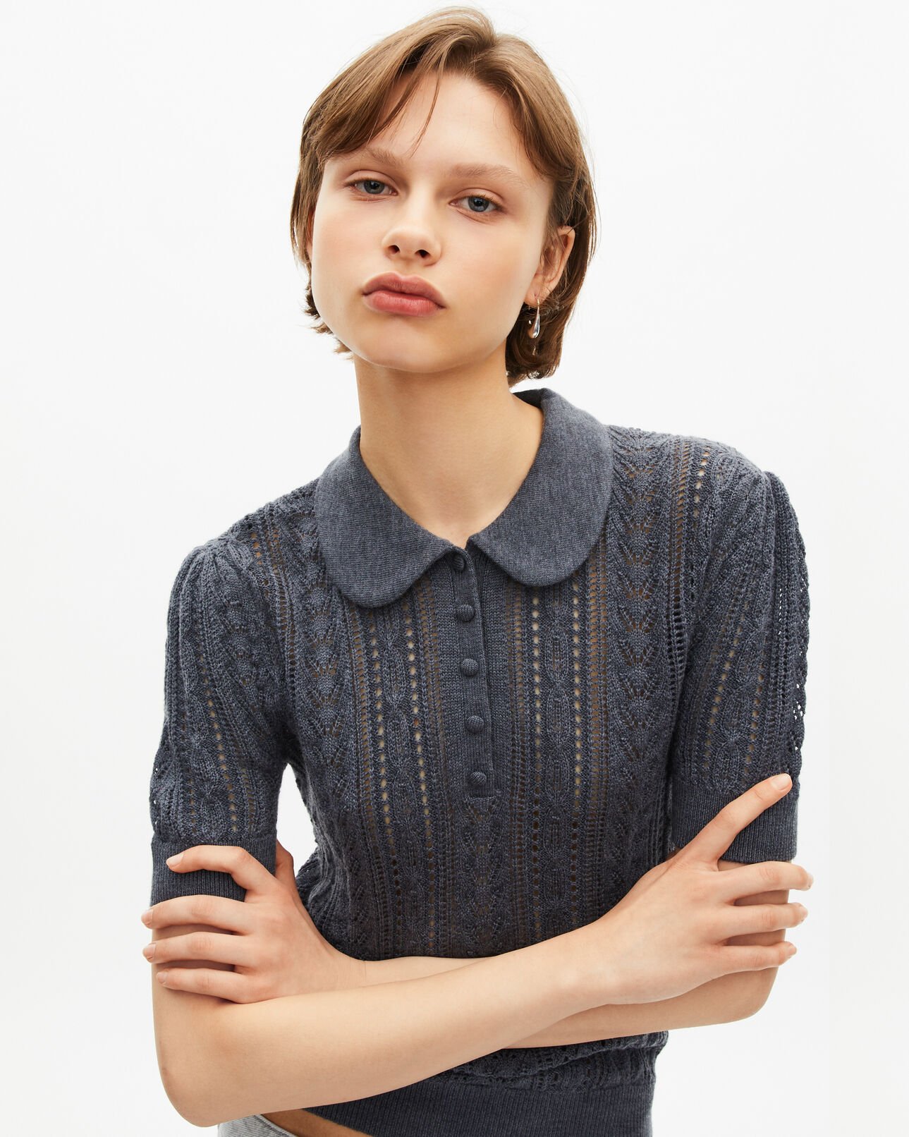 The Kooples FEMME ANTHRACITE pull manches courtes en laine mérinos gris