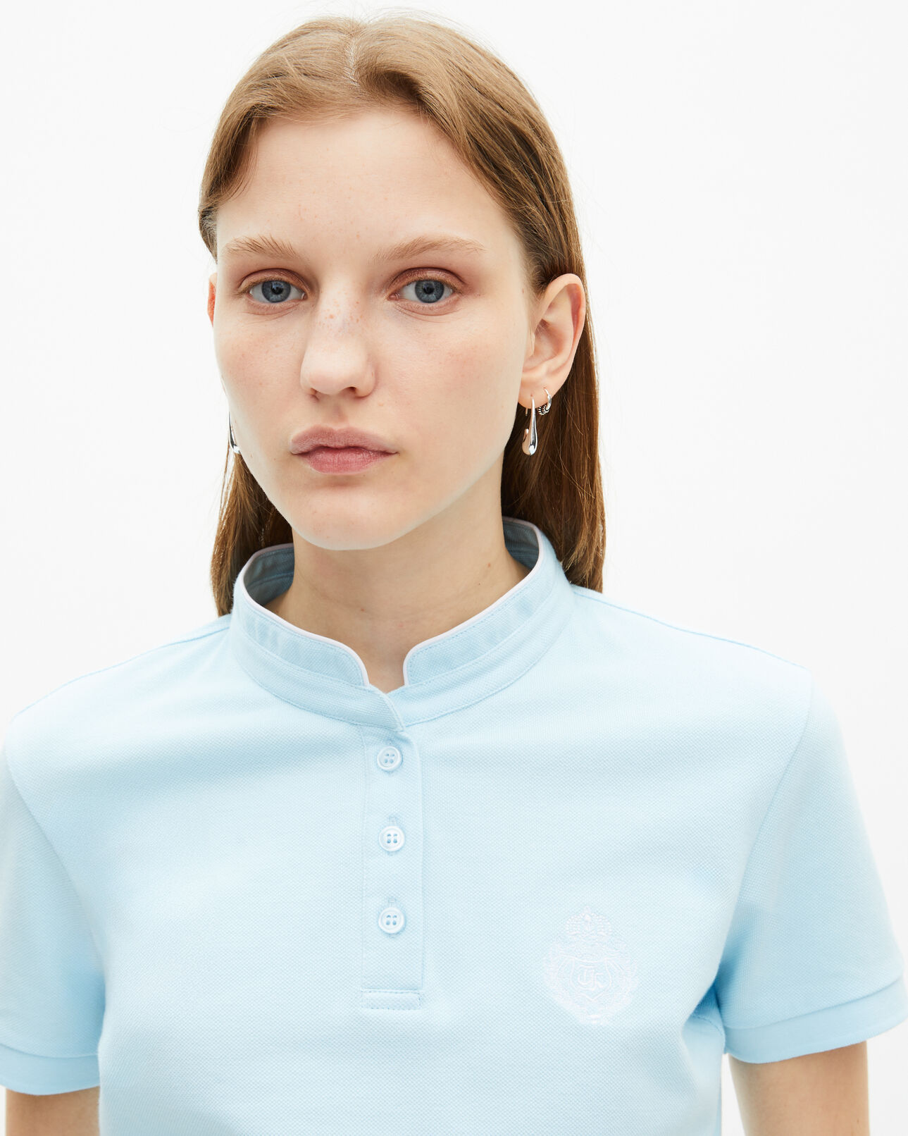 The Kooples WOMEN BABY BLUE light blue mandarin collar polo shirt