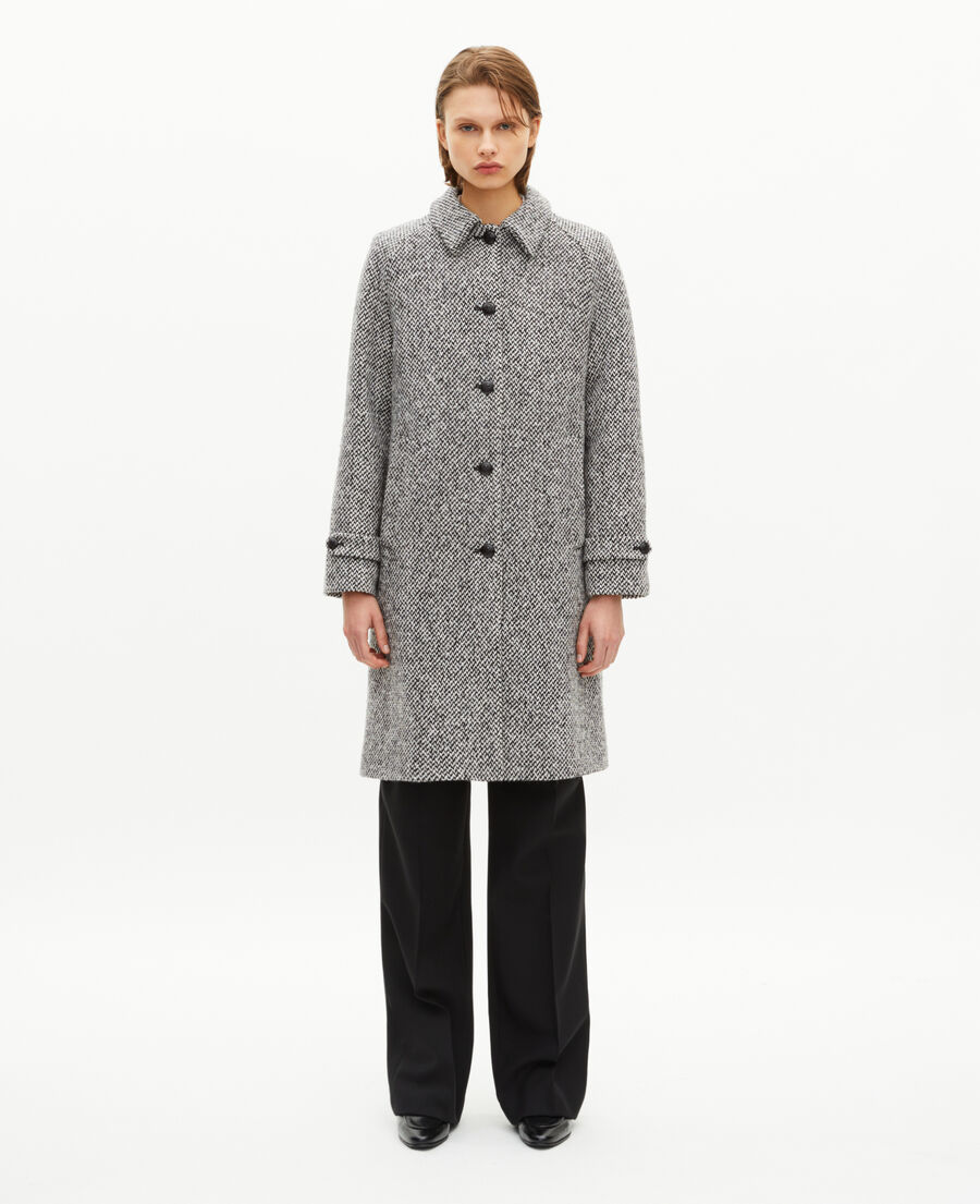 The Kooples FEMME BLANC / BLEU manteau long en tweed noir et blanc
