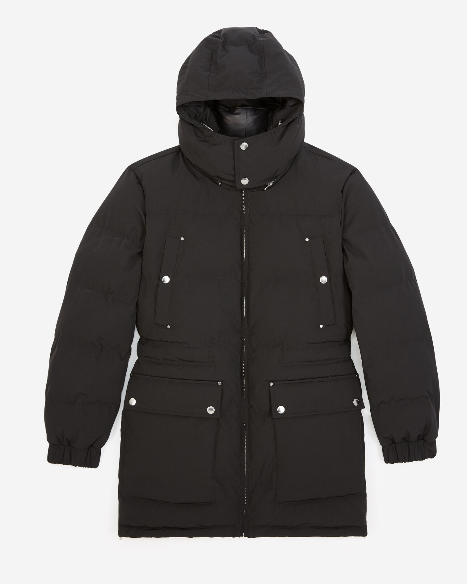 Long black nylon parka with removable hood, BLACK, hi-res image number null