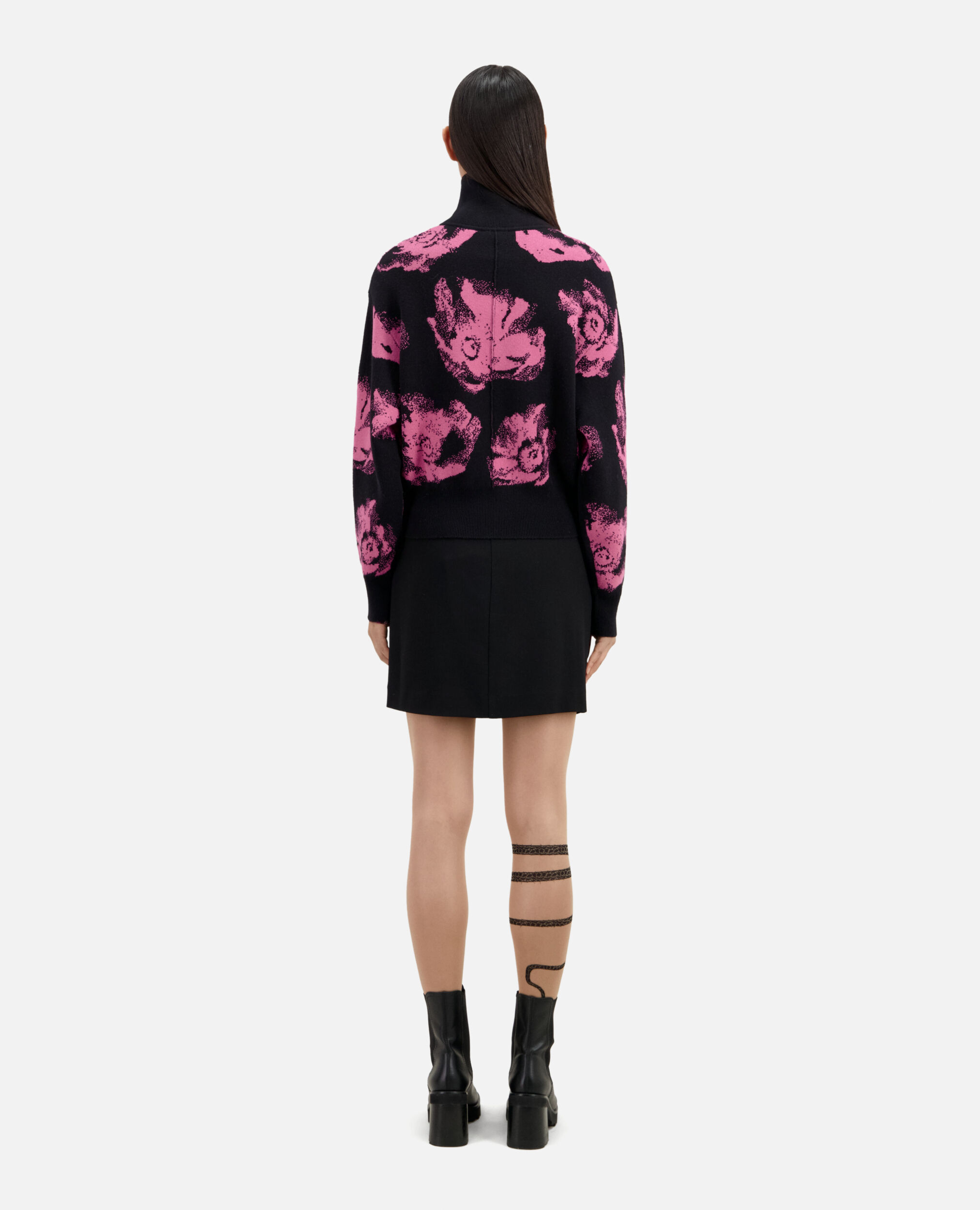 Schwarzer Pullover mit Blumenmotiv, BLACK / PINK, hi-res image number null