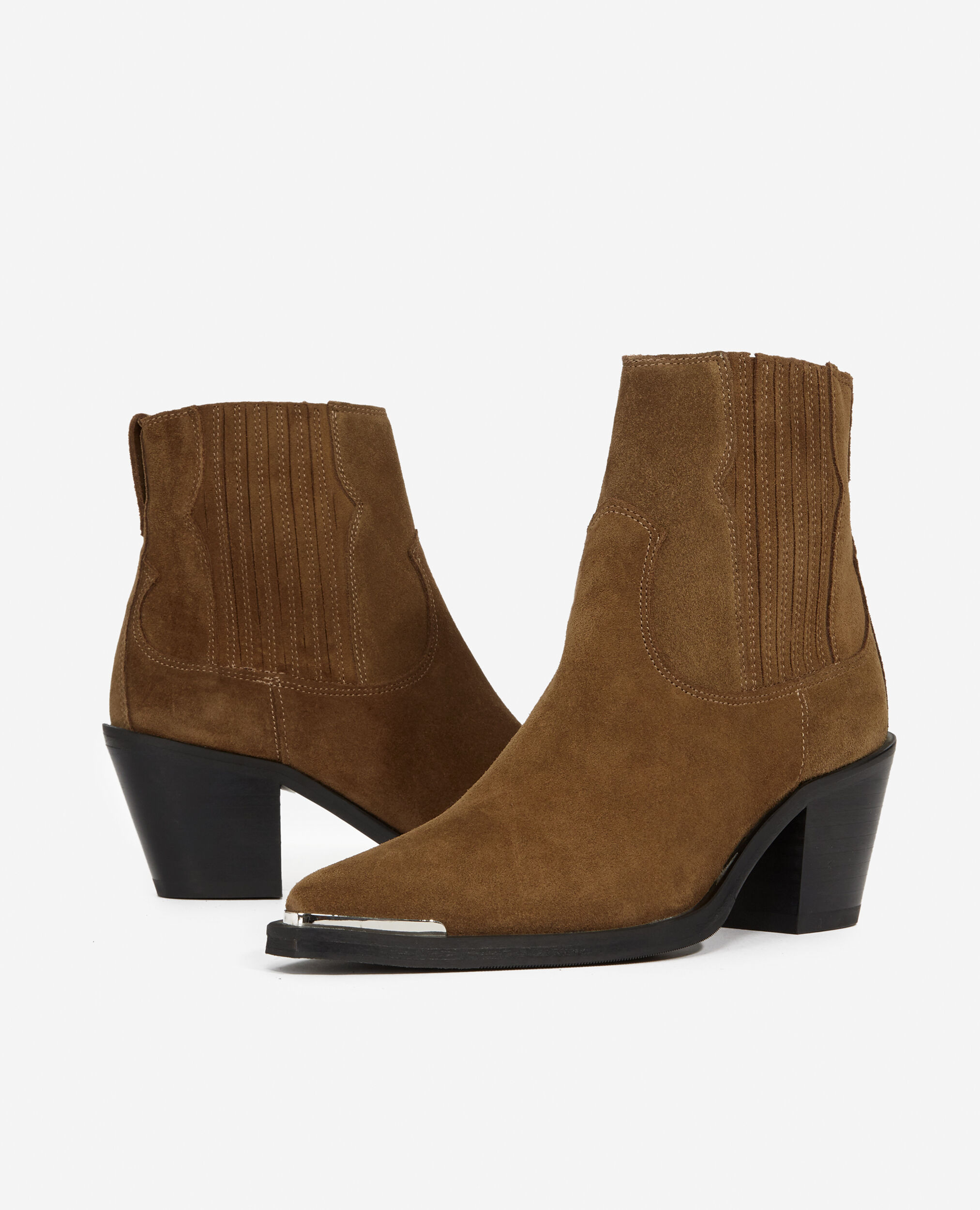 Western-style camel suede ankle boots, CAMEL, hi-res image number null