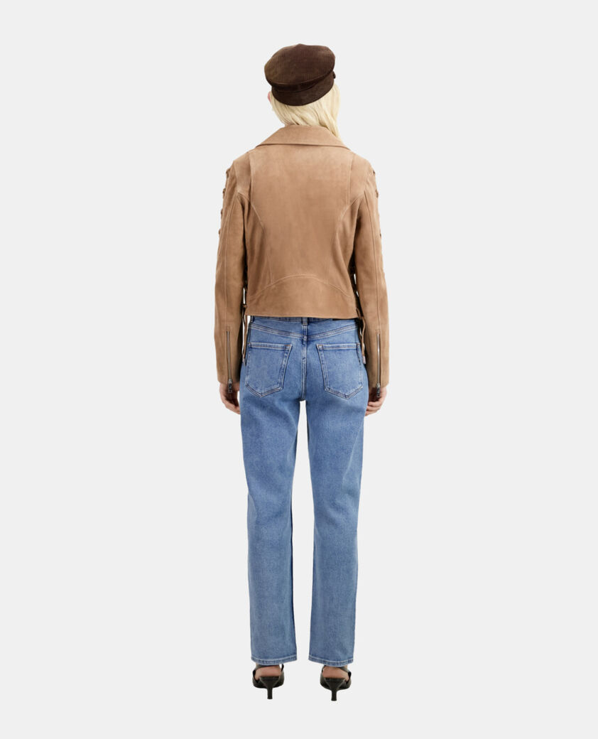 The Kooples FEMME BEIGE blouson biker en cuir suède beige