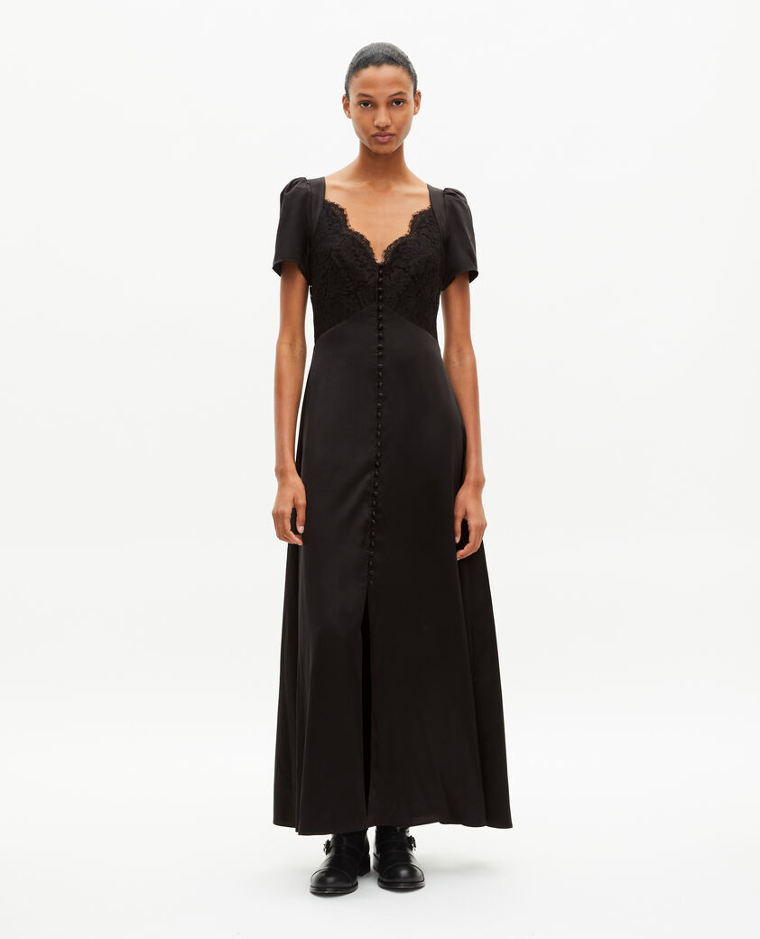 The Kooples WOMEN BLACK silk maxi dress with black lace