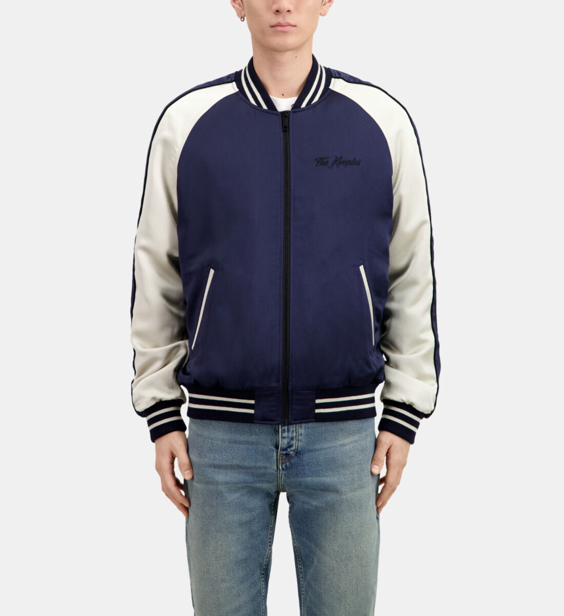 Navy satin jacket shop