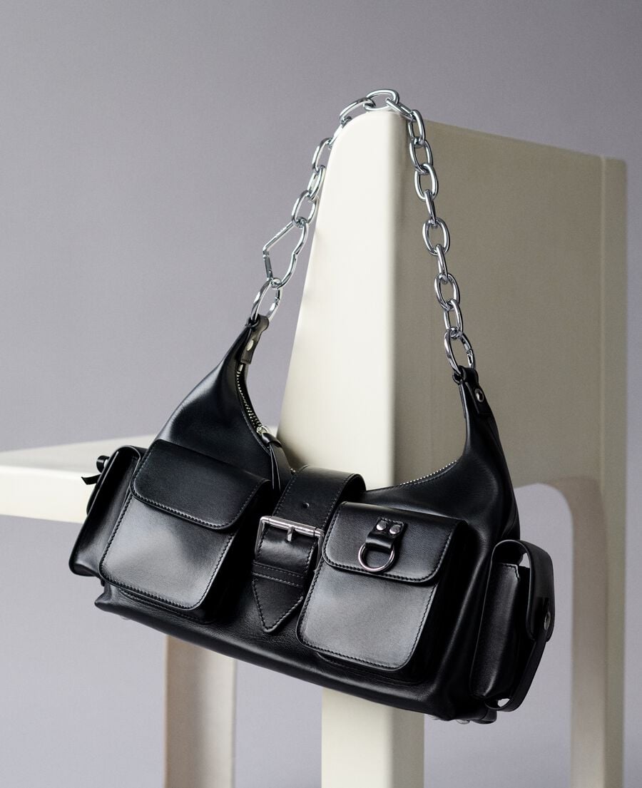 The Kooples FEMME BLACK sac amelia avec chaîne en cuir lisse noir