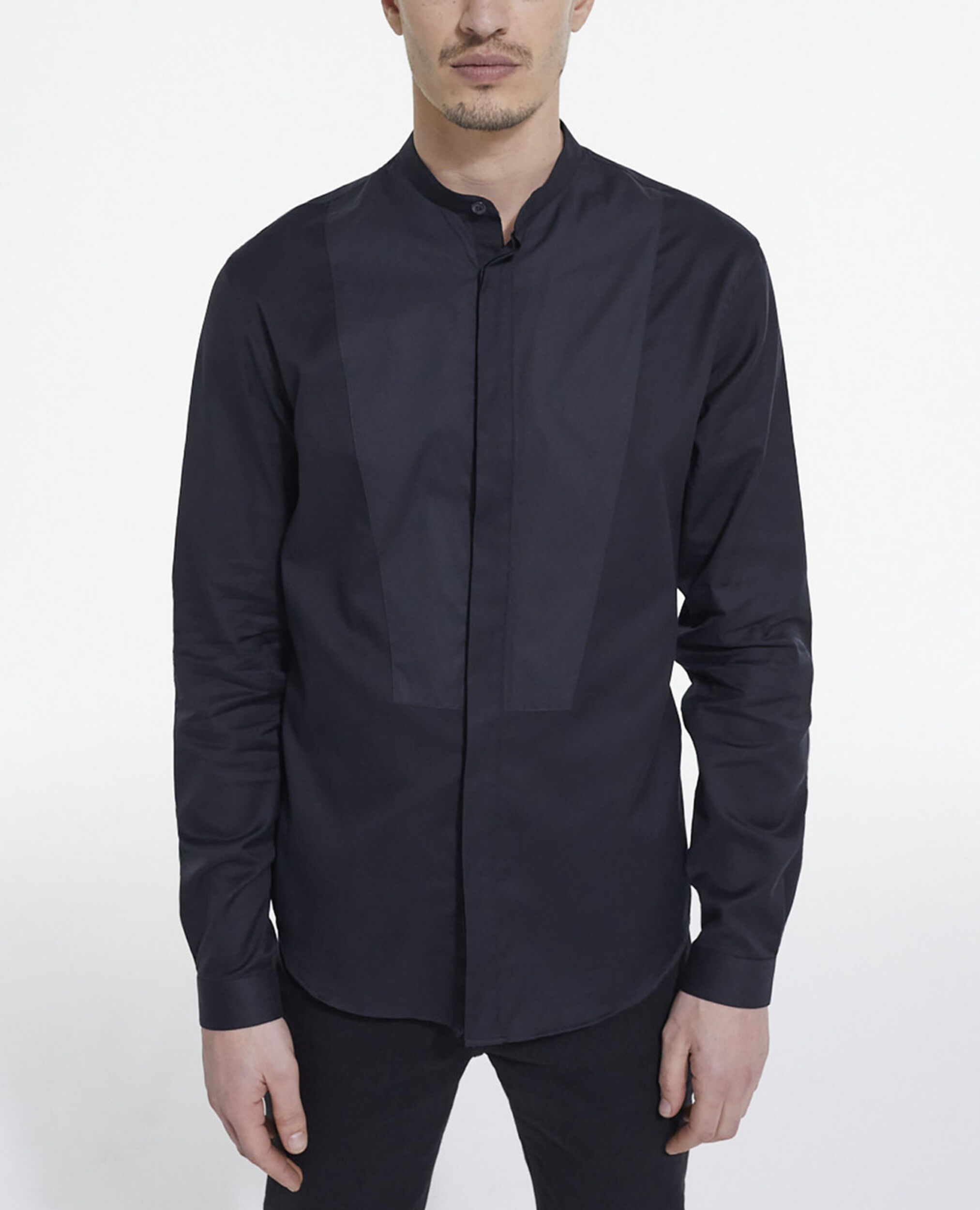 Black cotton shirt with officer collar, BLACK, hi-res image number null