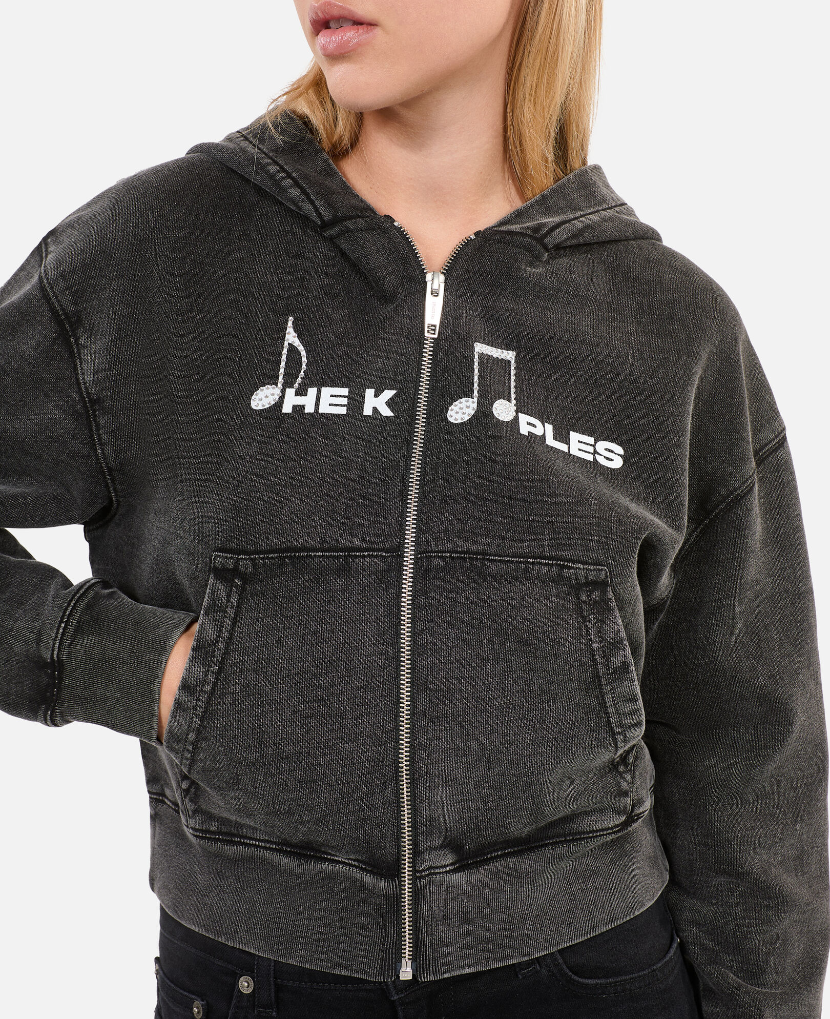 The Kooples F BLACK WASHED black hoodie with serigraphy