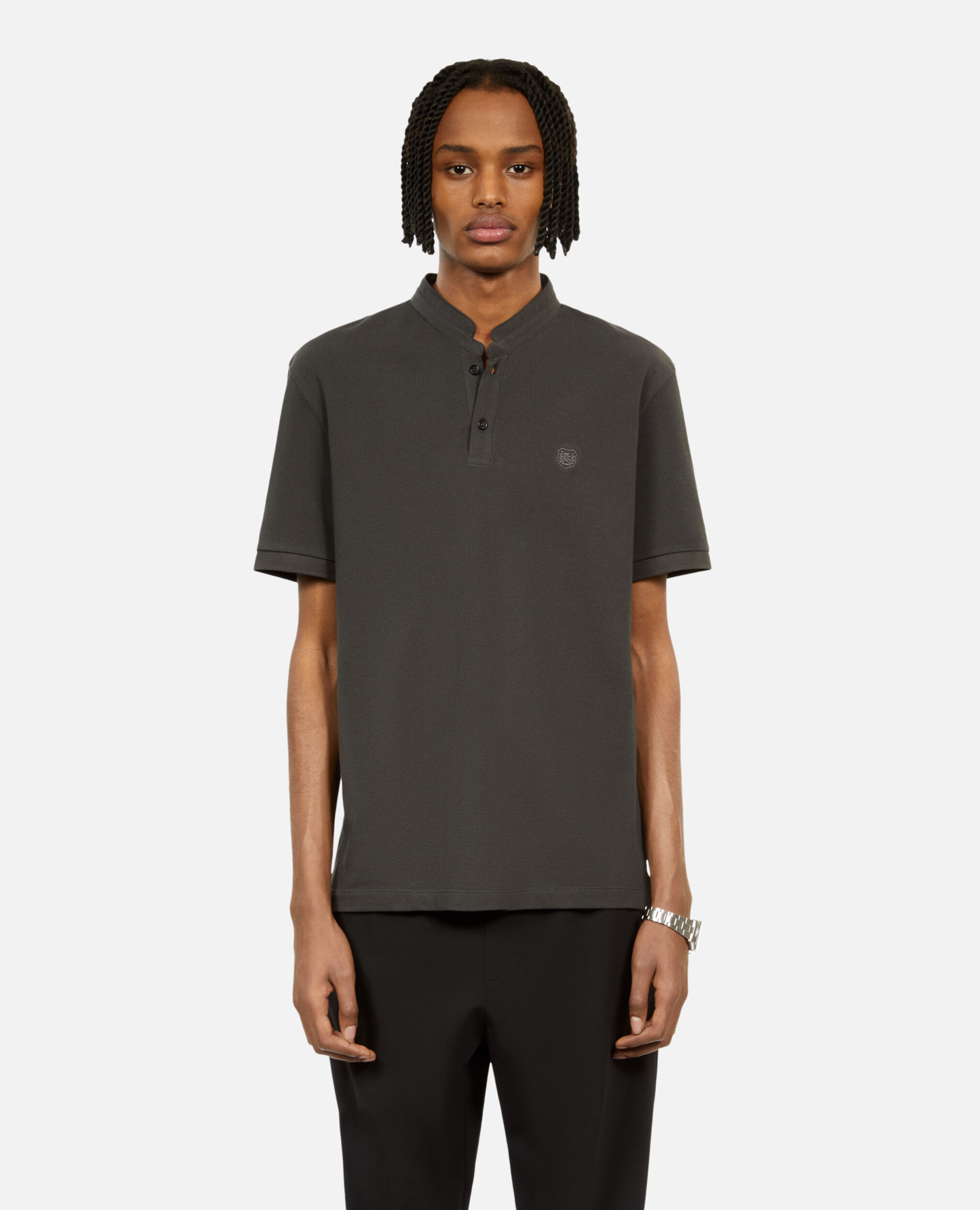 Black pique cotton polo t-shirt, BLACK-ORANGE, hi-res image number null