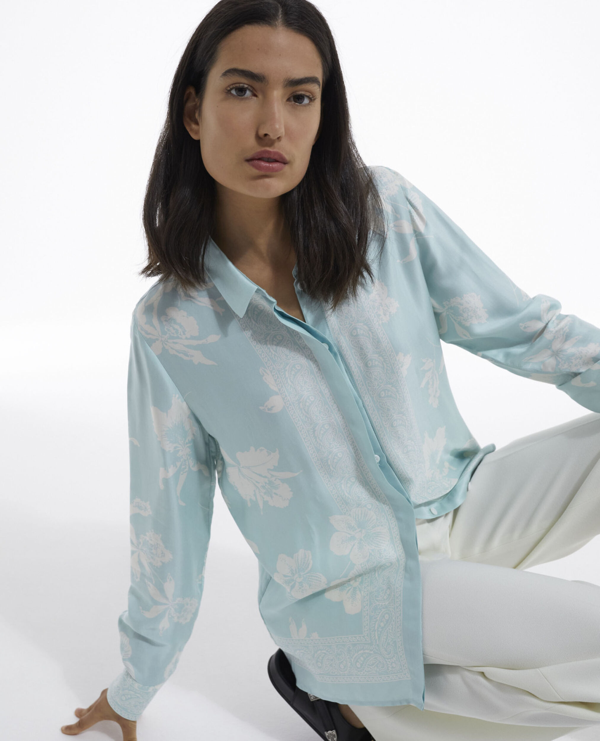 Satin blue and white shirt with floral motif, BLUE WHITE, hi-res image number null