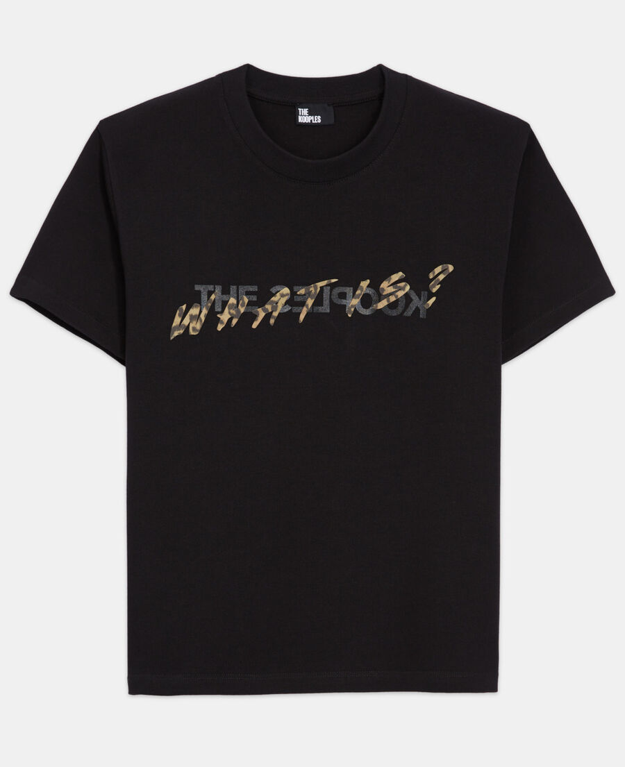 schwarzes t-shirt damen mit leopardenmuster und "what is"-schriftzug