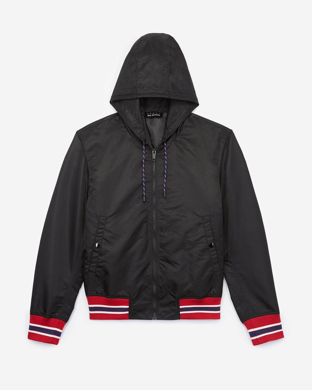 The Kooples HOMBRE BLACK chaqueta, capucha negra, detalle de borde tricotado tricolor