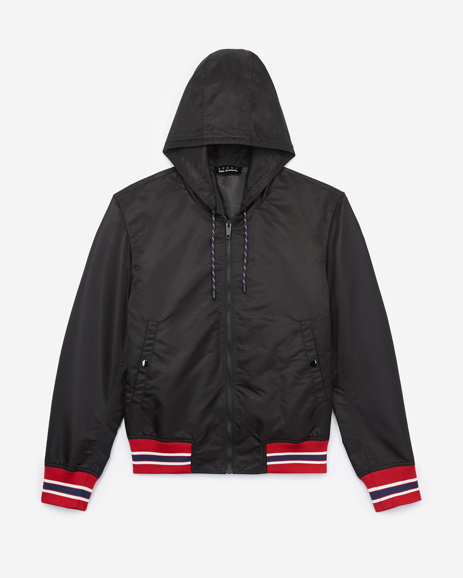 Chaqueta, capucha negra, detalle de borde tricotado tricolor, BLACK, hi-res image number null