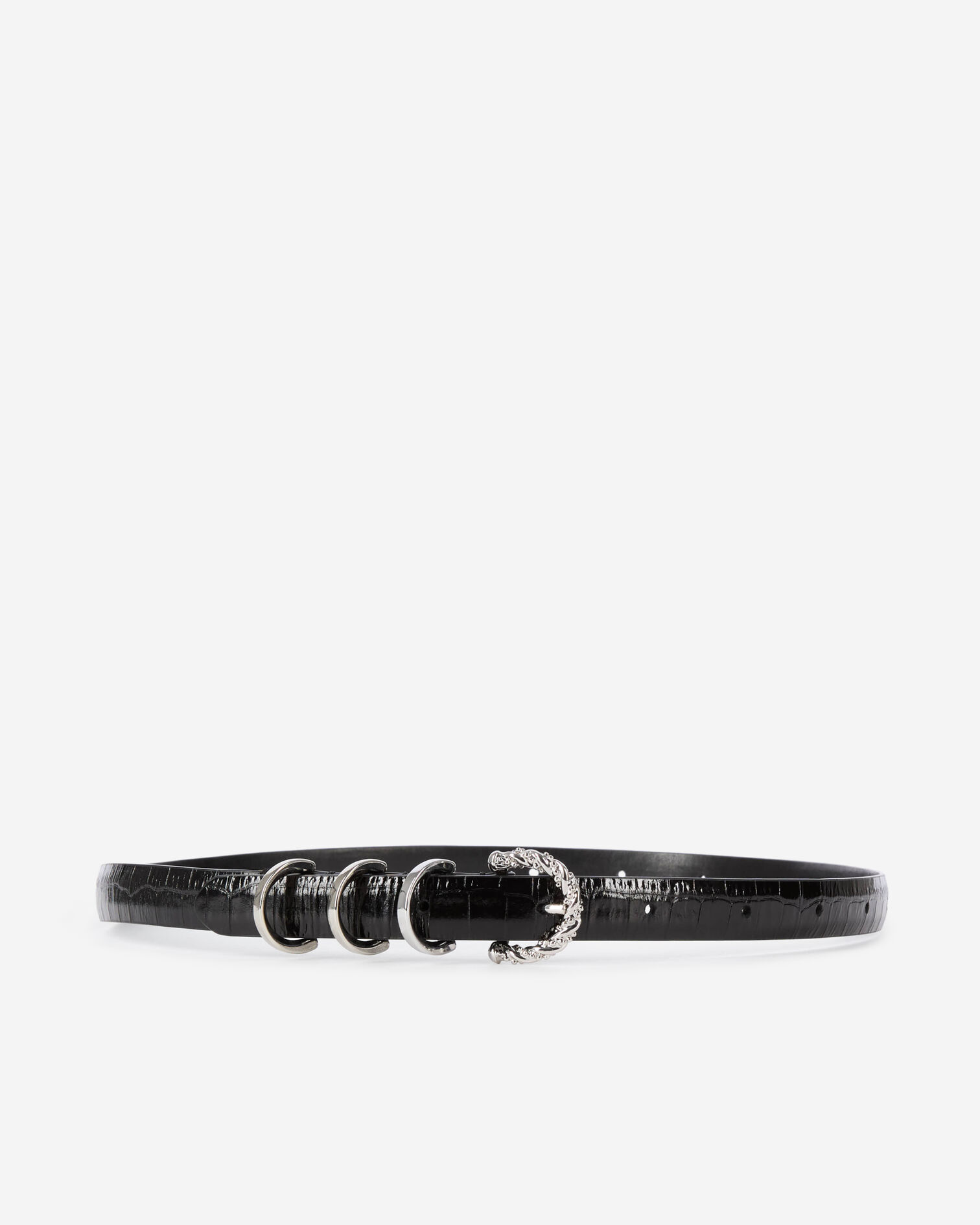 Thin black crocodile-effect leather belt, BLACK, hi-res image number null
