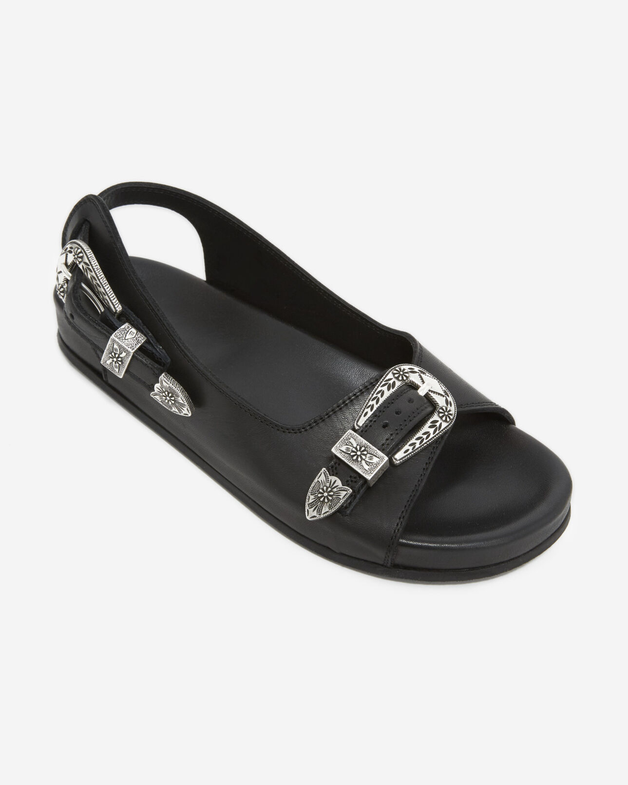 The Kooples WOMEN BLACK flat black leather sandals with western details