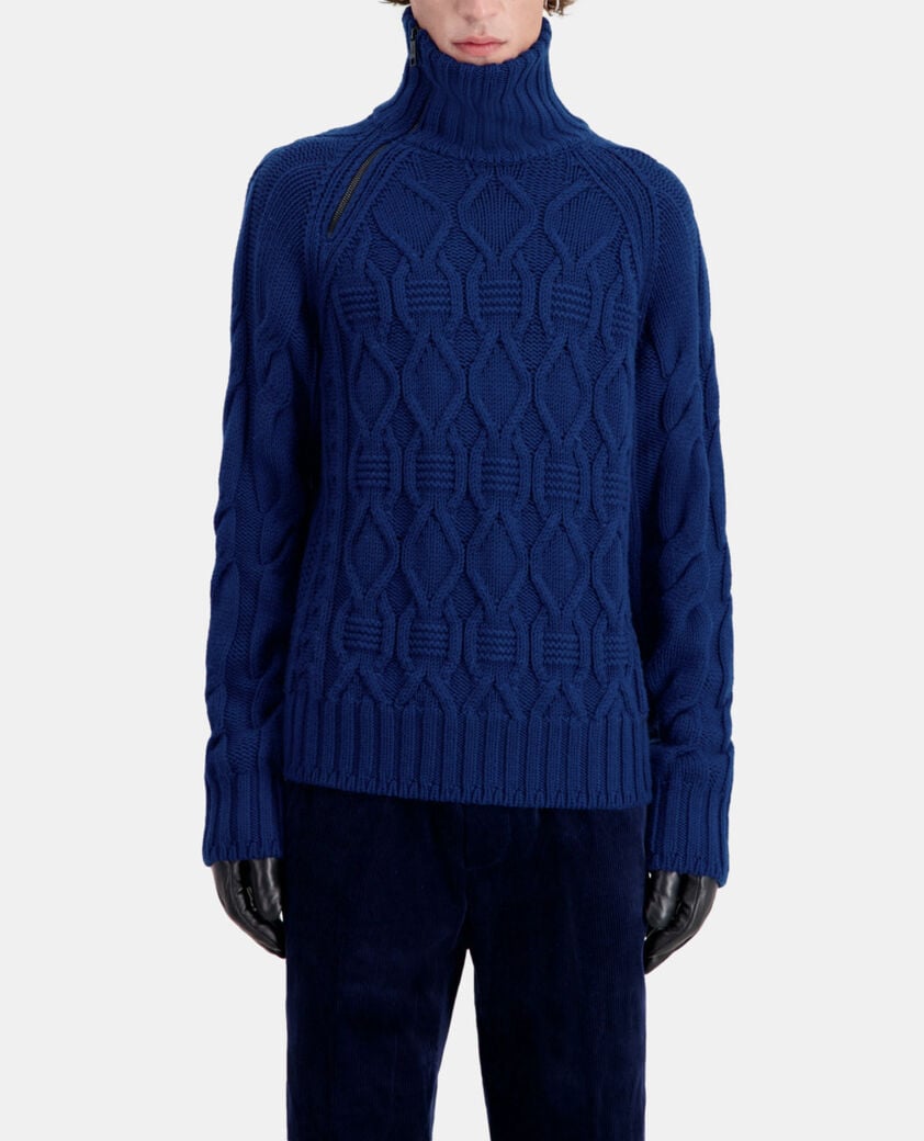 The Kooples HOMME ROYAL BLUE - DARK NAVY pull bleu en laine torsadée avec zip