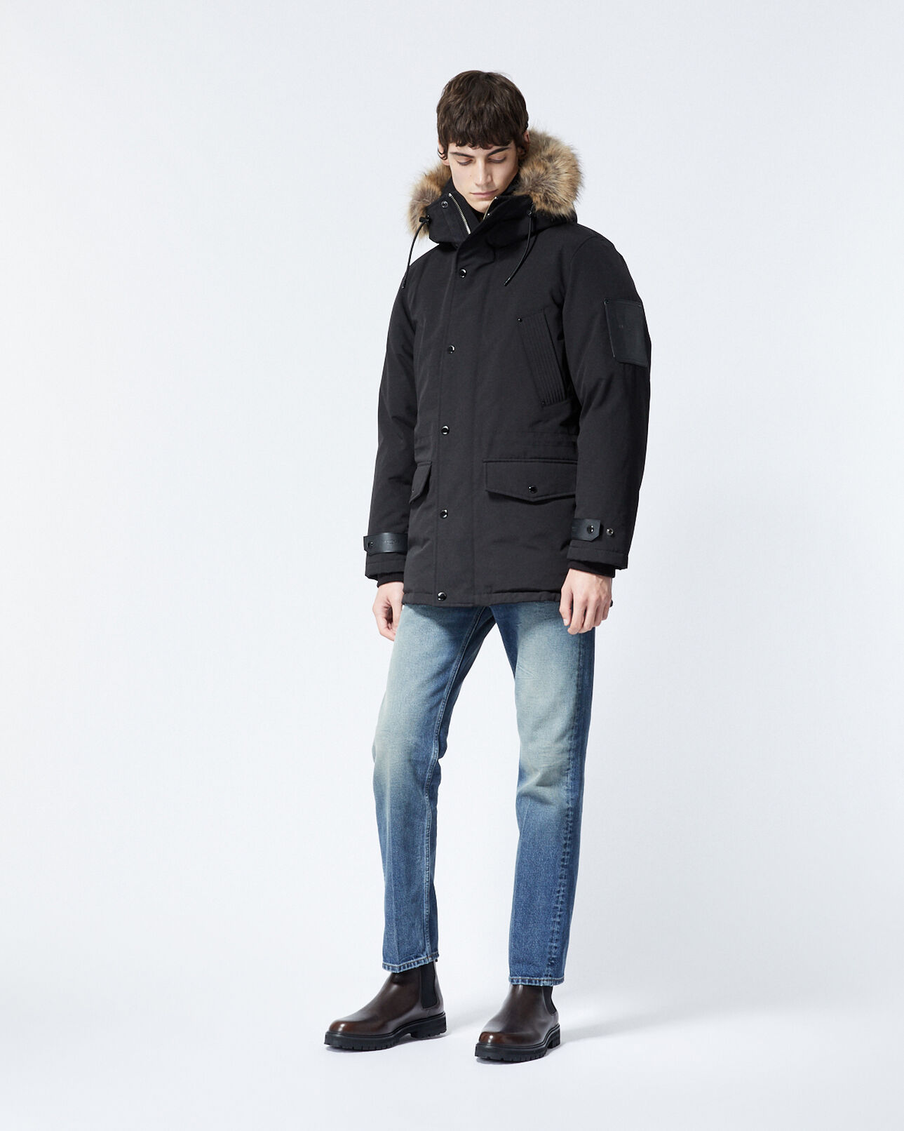 The Kooples HOMBRE BLACK parka negra larga detalle piel