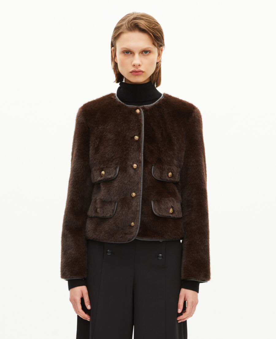The Kooples F CHOCOLATE fur-effect jacket with brown leather details